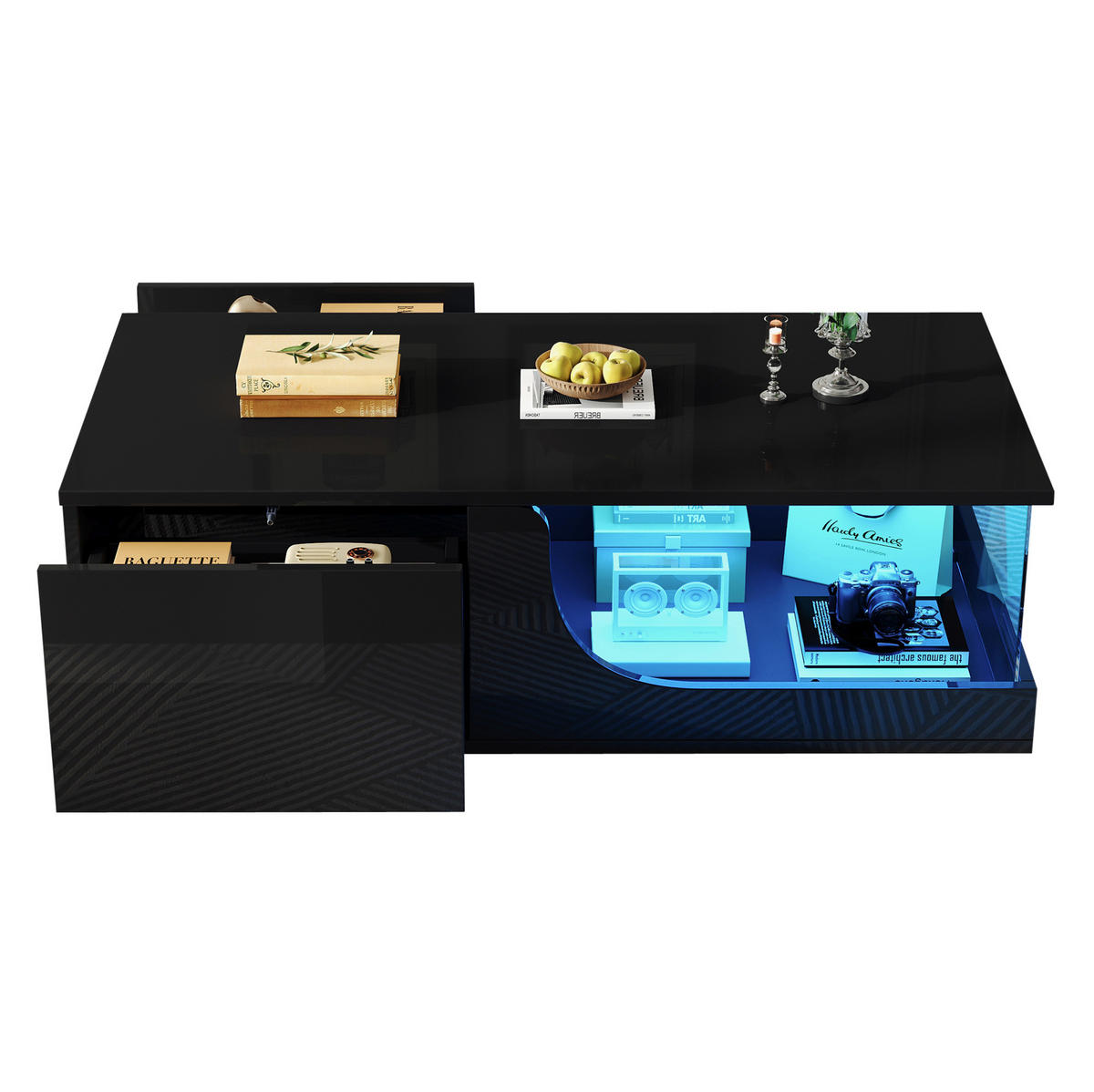 COUCHTISCH 100/50 cm mit 2 Schubladen, LED-Beleuchtung und Glasablage - Schwarz, Holzwerkstoff (100/50/30cm) - BEAOK