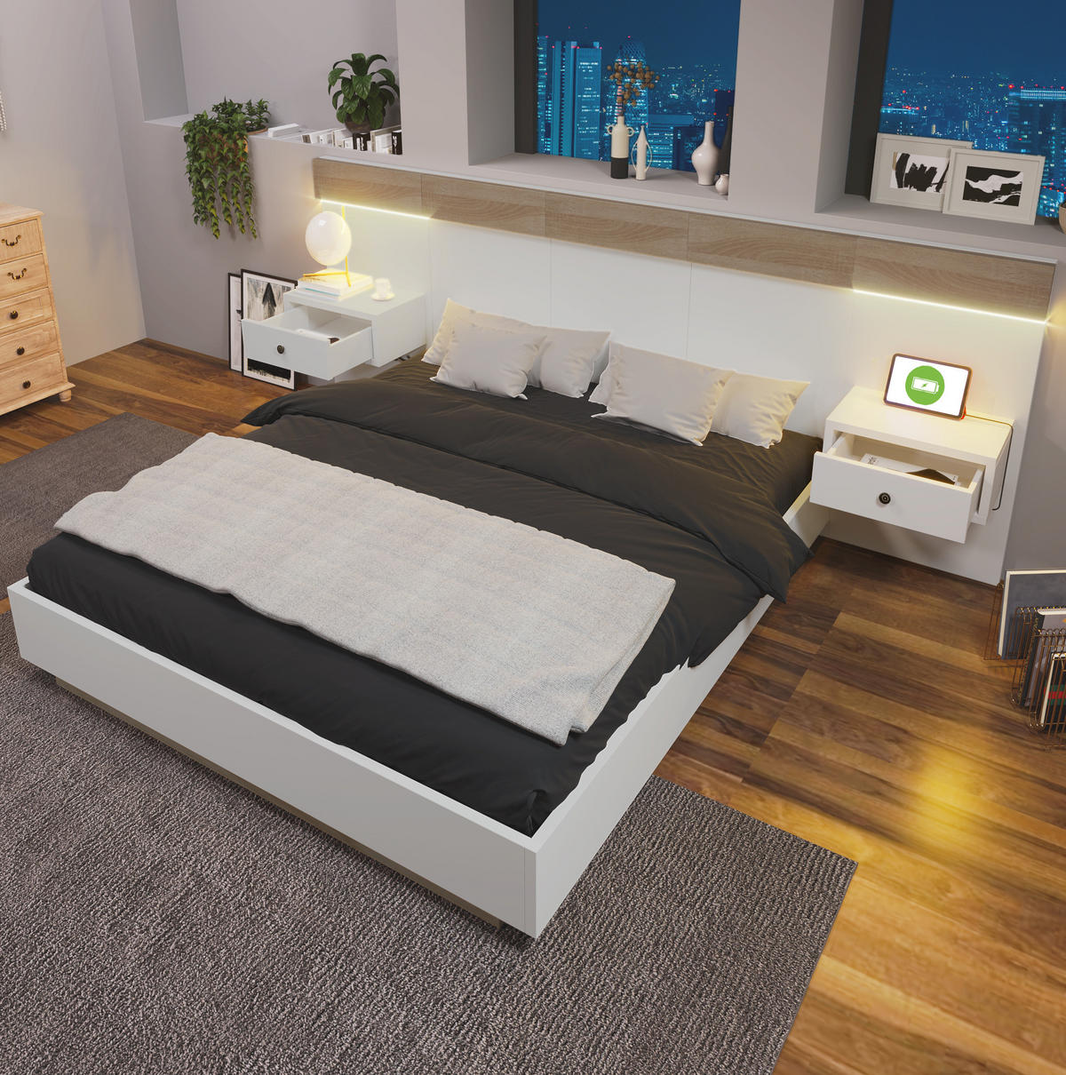DOPPELBETT 140/200 cm mit 2 LED-Nachtkommoden, USB/Typ-C und Steckdose, Schwebeoptik, Sonoma-Eiche/Weiß - Weiß, Holzwerkstoff (140/200cm) - Redom