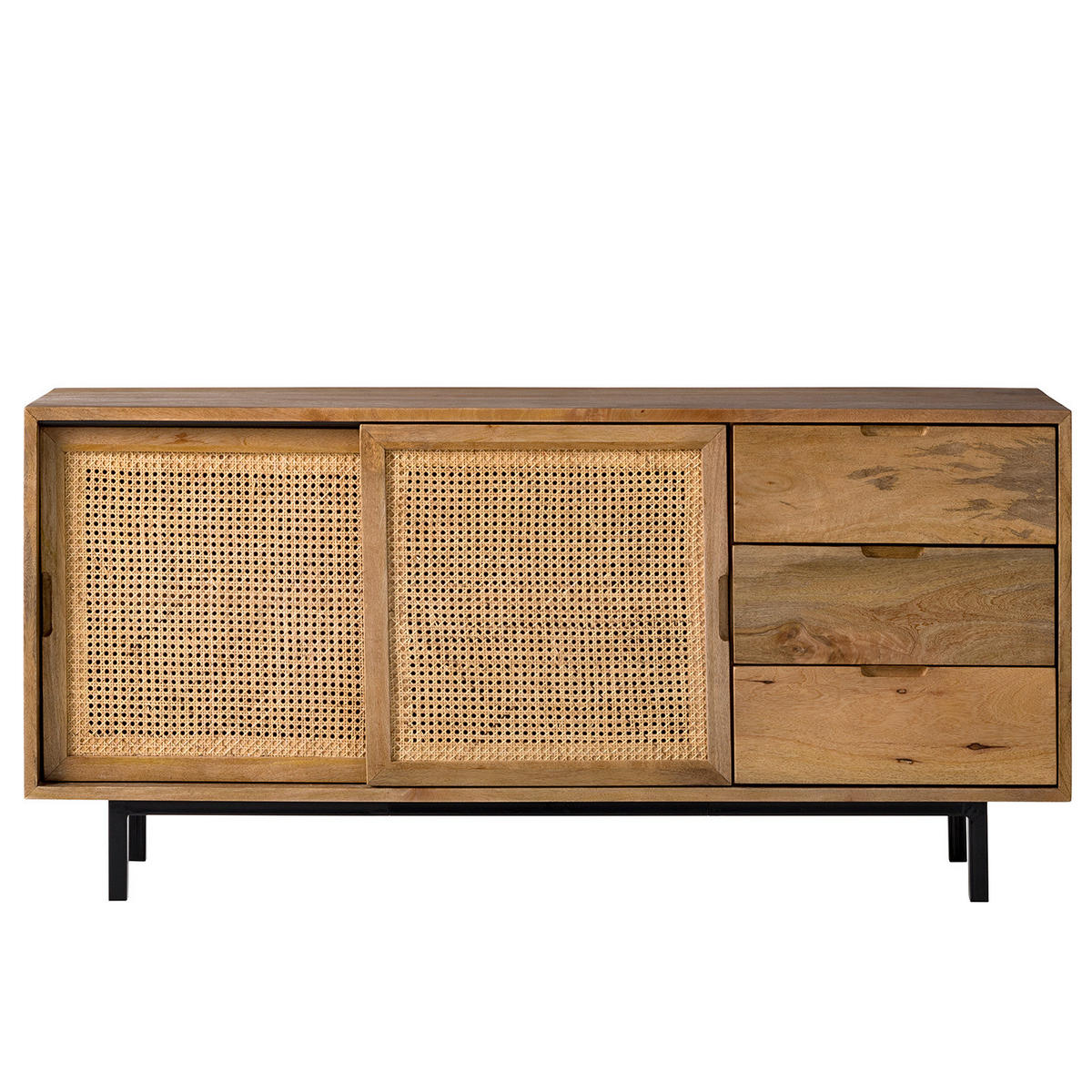 SIDEBOARD - Mango massiv / Wiener Geflecht - Beige/Schwarz, Holz (160/76/43cm) - home24