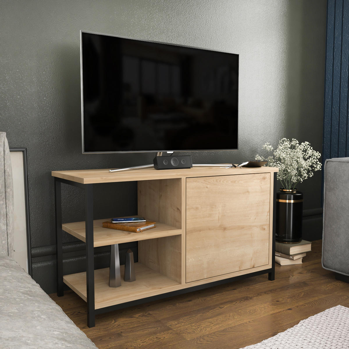 TV Unit Muskegon Schwarz Eiche Safir - Eichefarben/Schwarz, Holzwerkstoff (90/51/36cm) - Decorotika