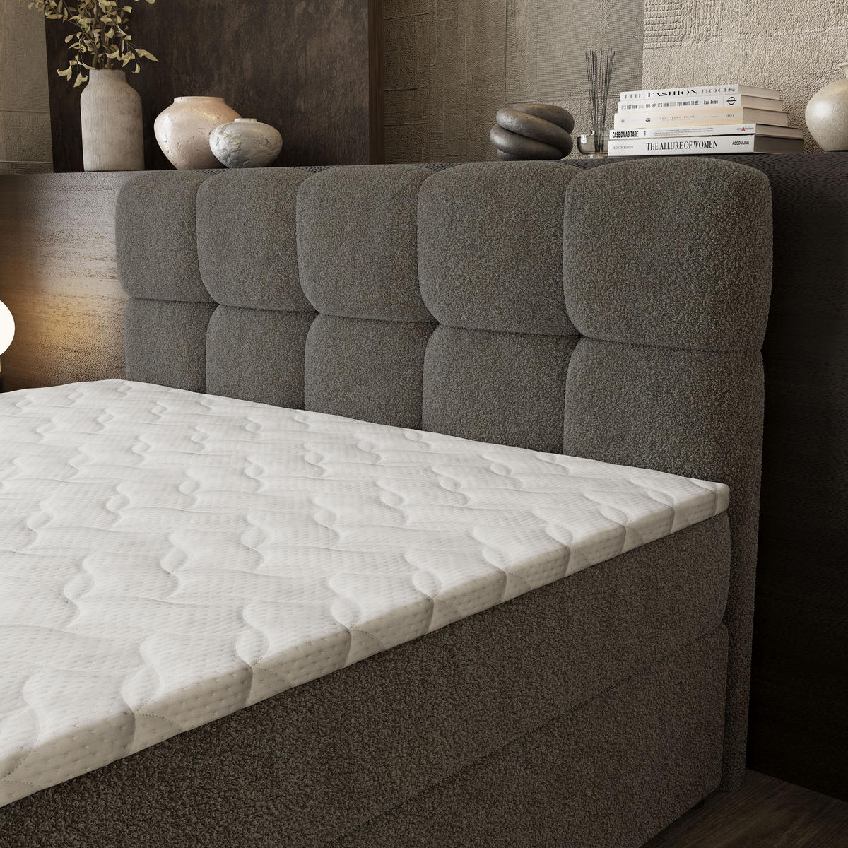 BOXBETT BRUME 140x200 cm mit Matratze und Topper, H2+H3 - Grau - Grau, Holz (140/200cm) - MASSENO