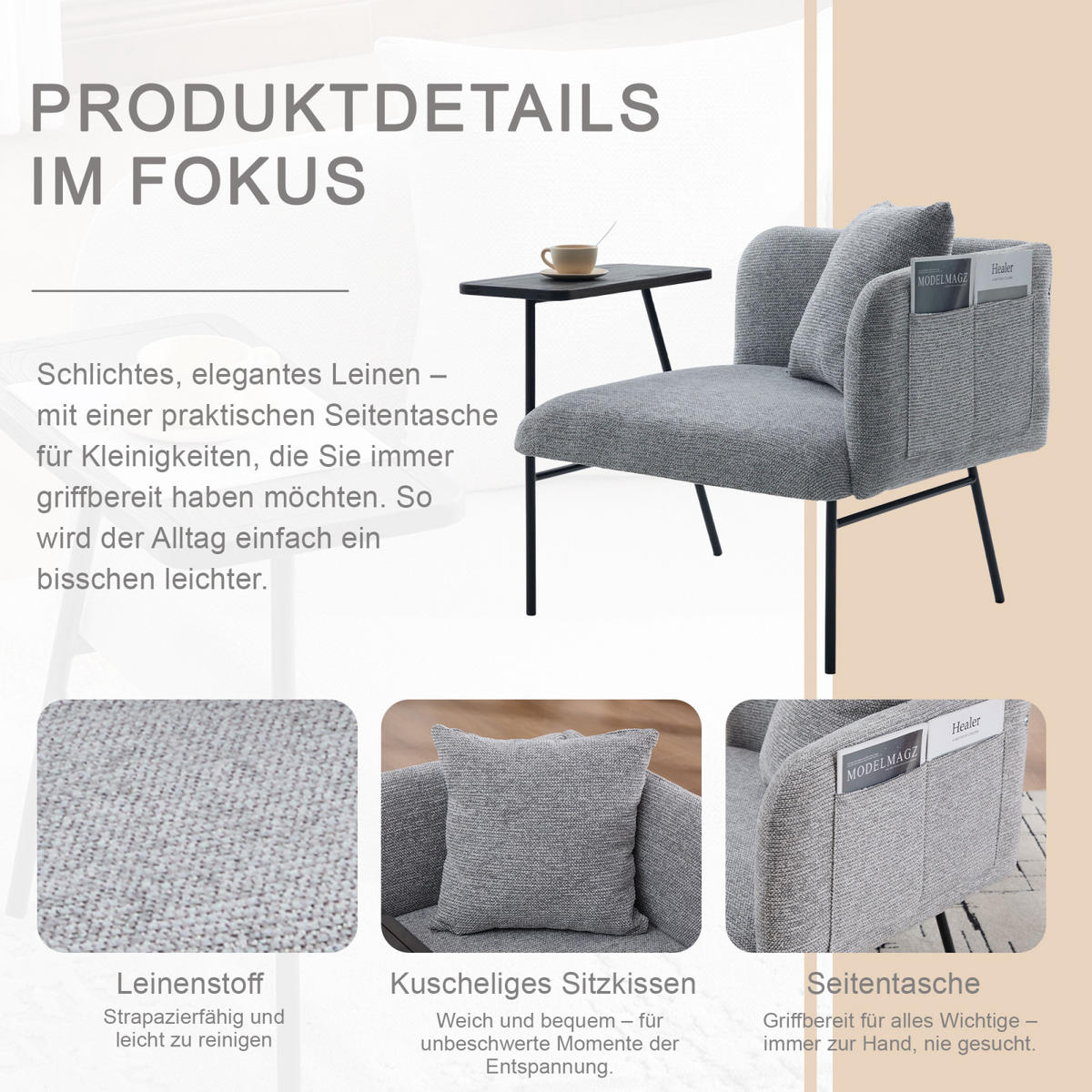 SESSEL mit Beistelltisch und Seitentaschen, Polstersessel Wohnzimmer, Grau - Grau, Textil (64/71/64cm) - PARAFTA HOME