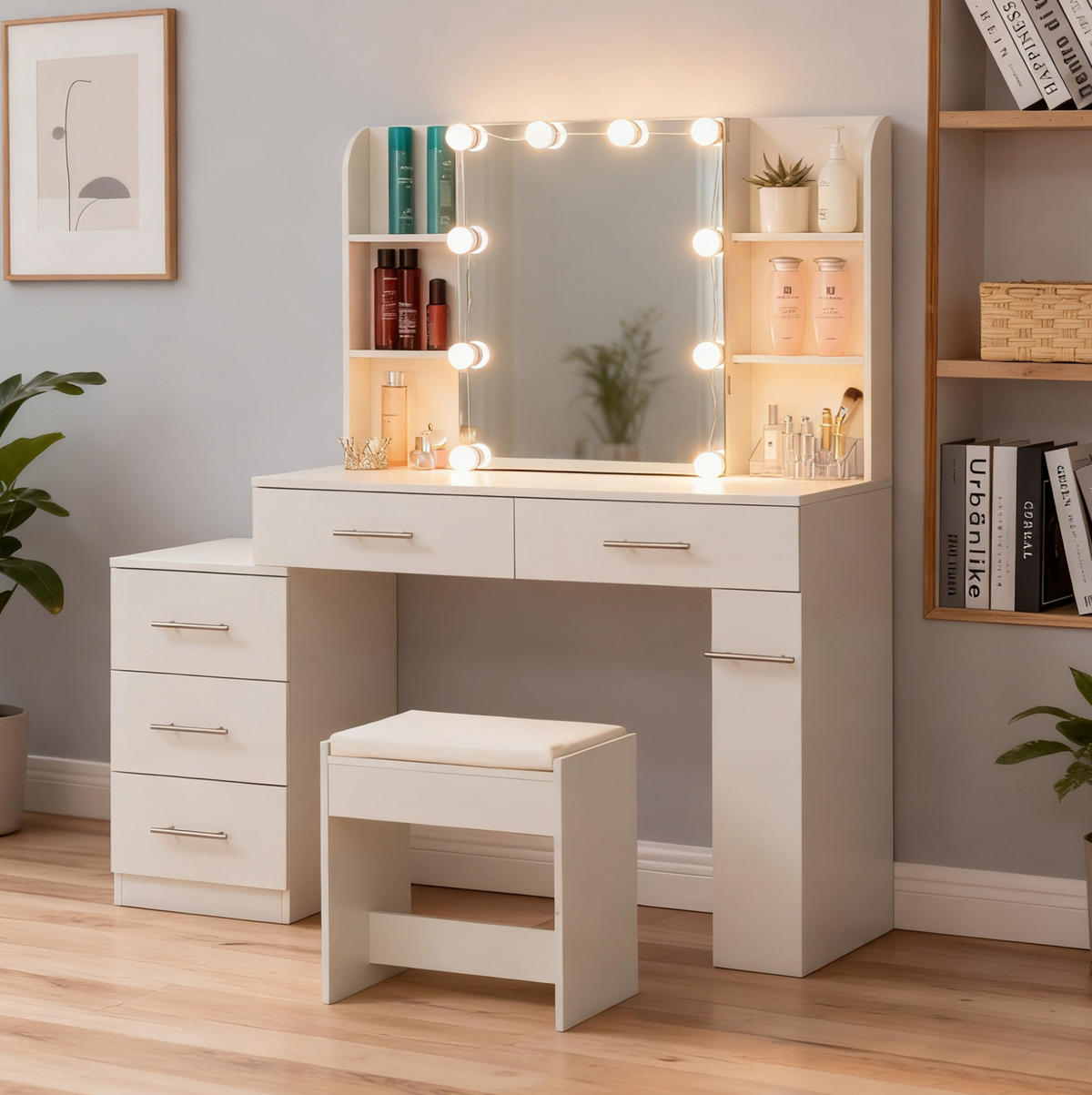 SCHMINKTISCH 40,5/100/136 cm Weiß 10 LEDs mit Spiegel Stauraum aus MDF - Weiß, Holzwerkstoff (40.5/136/100cm) - OKWISH