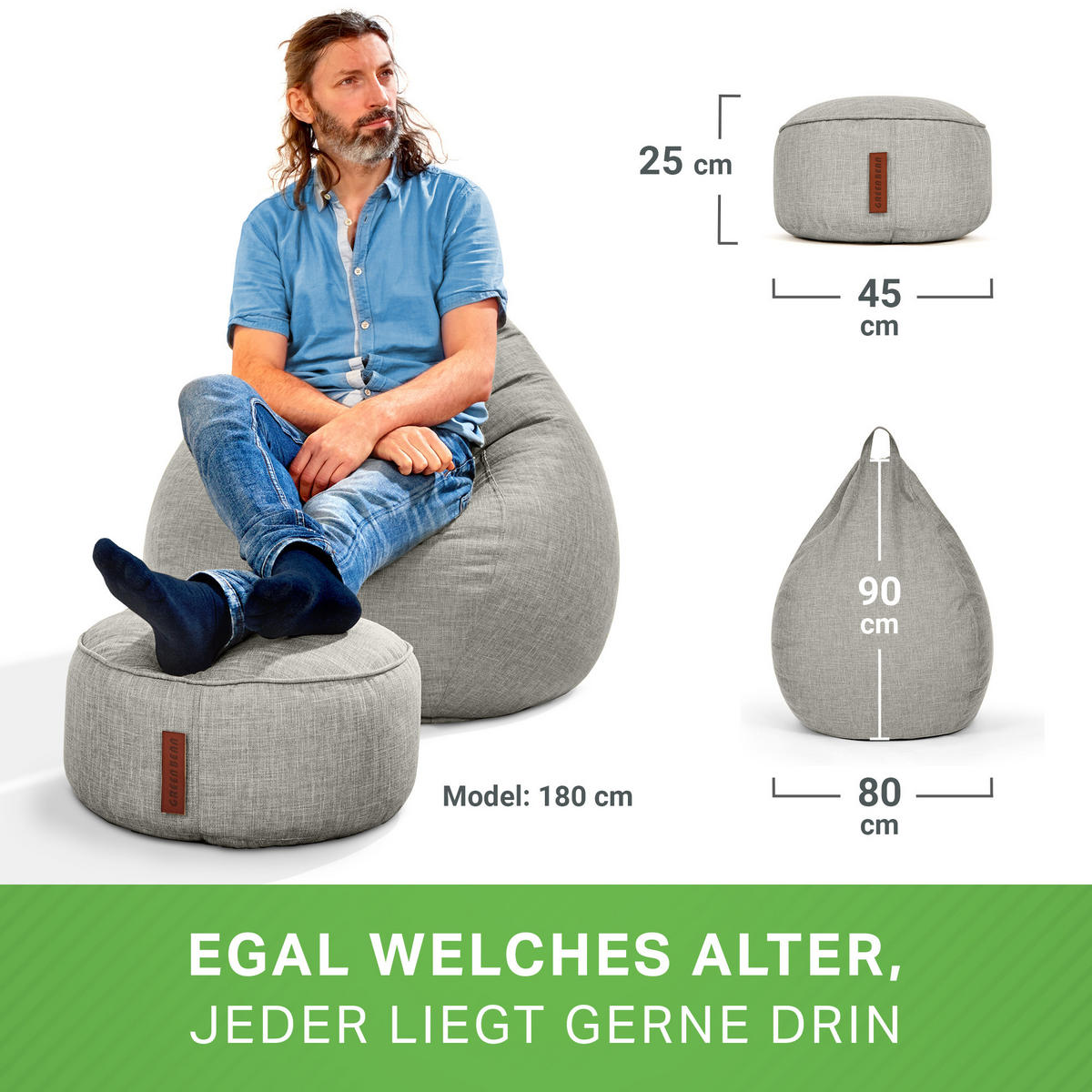 SITZSACK Indoor Set "Home Linen“+Hocker - Grau, Textil (80/90/50cm) - Green Bean