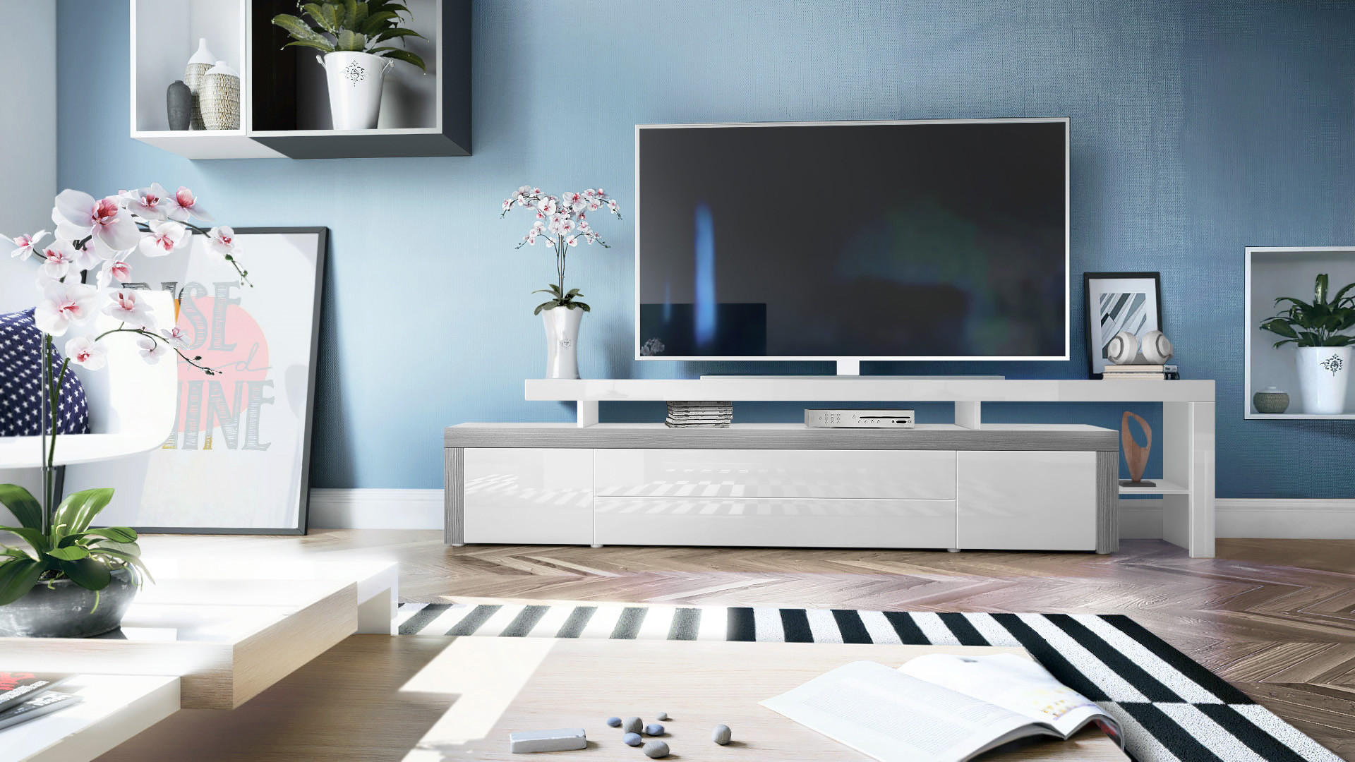 LOWBOARD Leon Weiß Hochglanz / Avola-Anthrazit - Weiß Hochglanz/Anthrazit, Holzwerkstoff (227/52/35cm) - Vladon