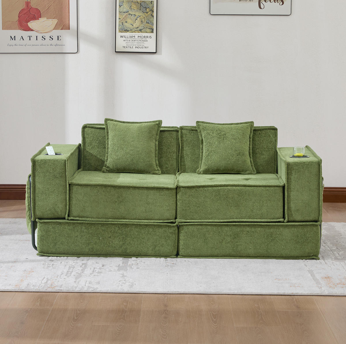 2-SITZER-SOFA aus Chenille 162x78x66 cm Grün mit 2 Kissen, Seitentaschen und modularem Design - Grün, Textil (162/66/78cm) - Modfu