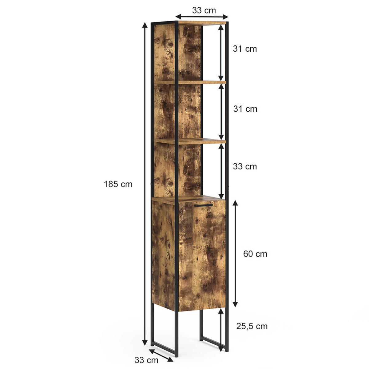 BADSCHRANK Fyrk Antikholz 33 x 185 cm - Alteiche/Braun, Holzwerkstoff (33/185/33cm) - Vicco