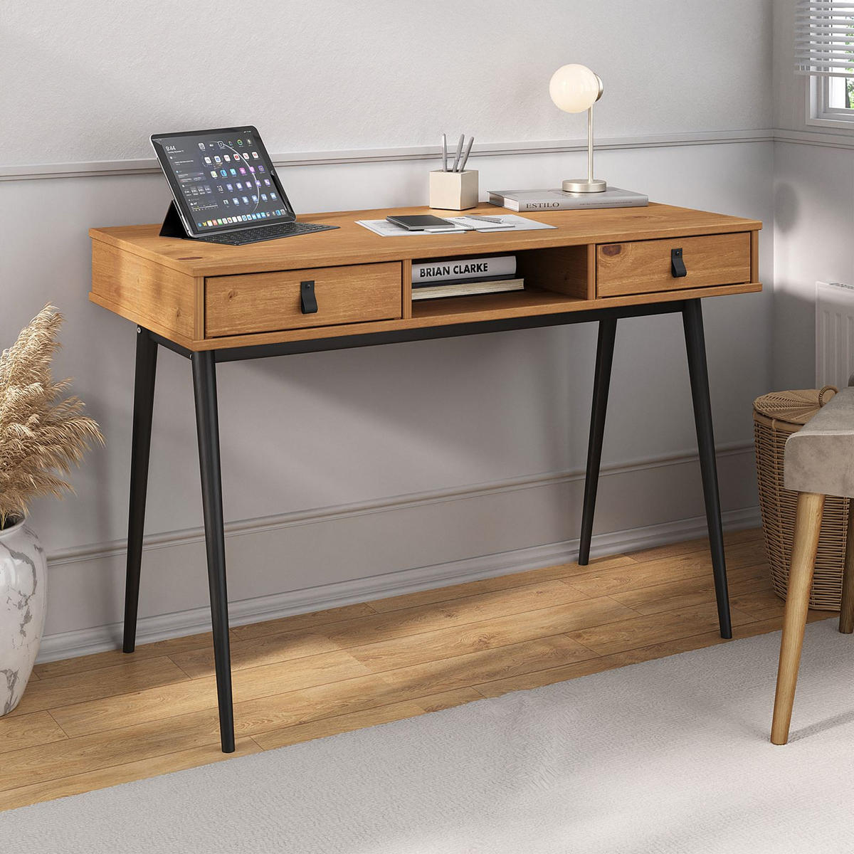 SCHREIBTISCH KIM - Eichefarben/Schwarz, Holz (50/110/76cm) - IDIMEX