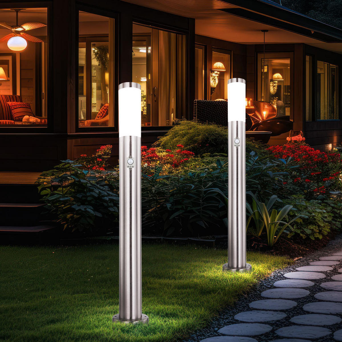 WEGELEUCHTE Anthrazit Edelstahl Bewegungsmelder 2er Set - Anthrazit, Metall (7.6/11/80cm) - Globo Lighting