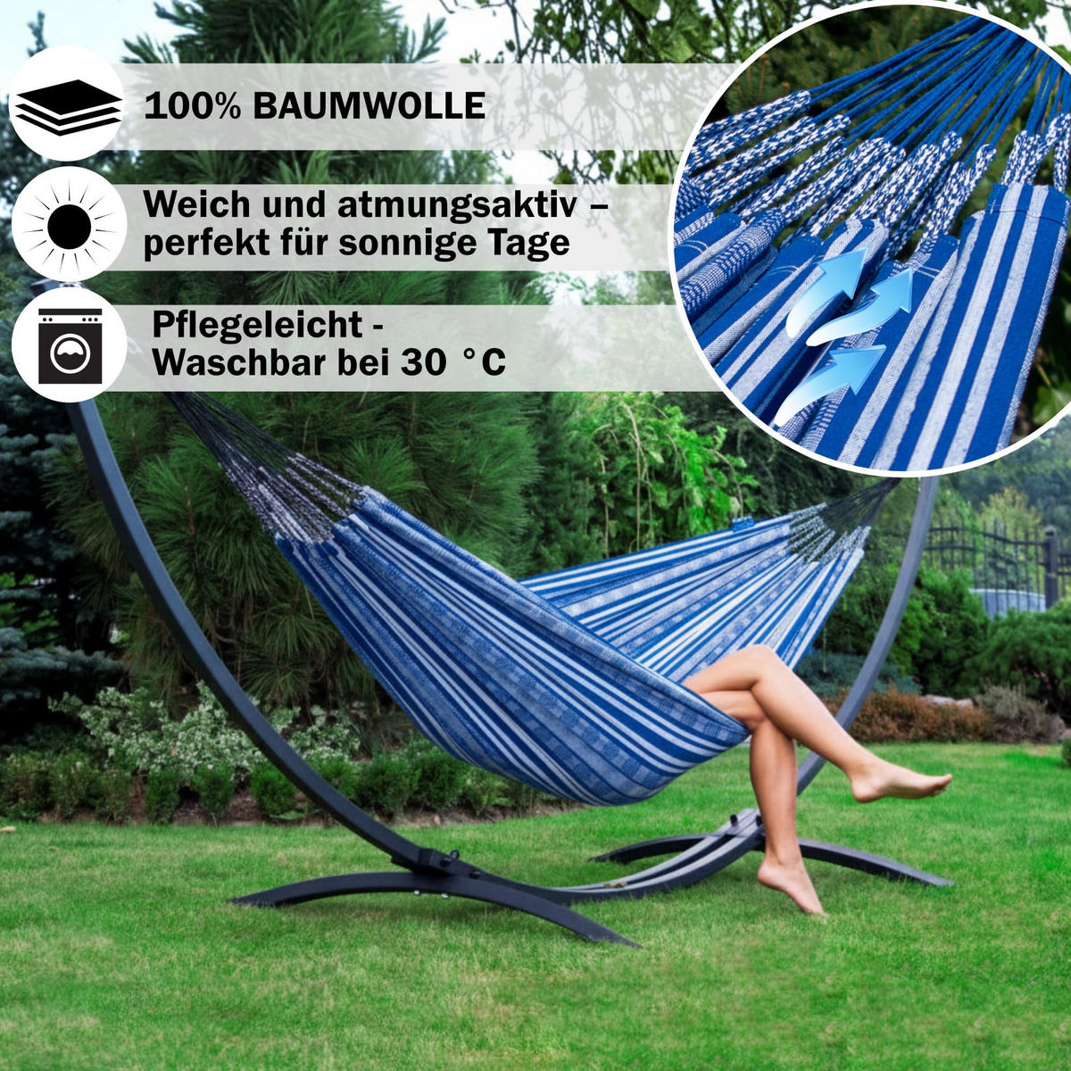 HÄNGEMATTE mit Gestell, 2 Personen, XXL, Tytan Rahmen bis 350 kg, Metall, Pereira Blau, einfache Montage - Blau, Metall (370/130/120cm) - Potenza