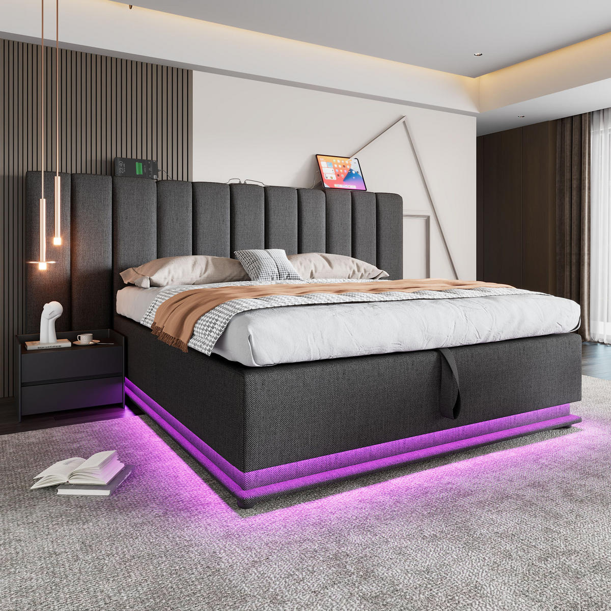 POLSTERBETT 160/200 cm Grau aus Leinen mit LED, Stauraum und Ladefunktion - Grau, Textil (160/200cm) - OKMYHOME