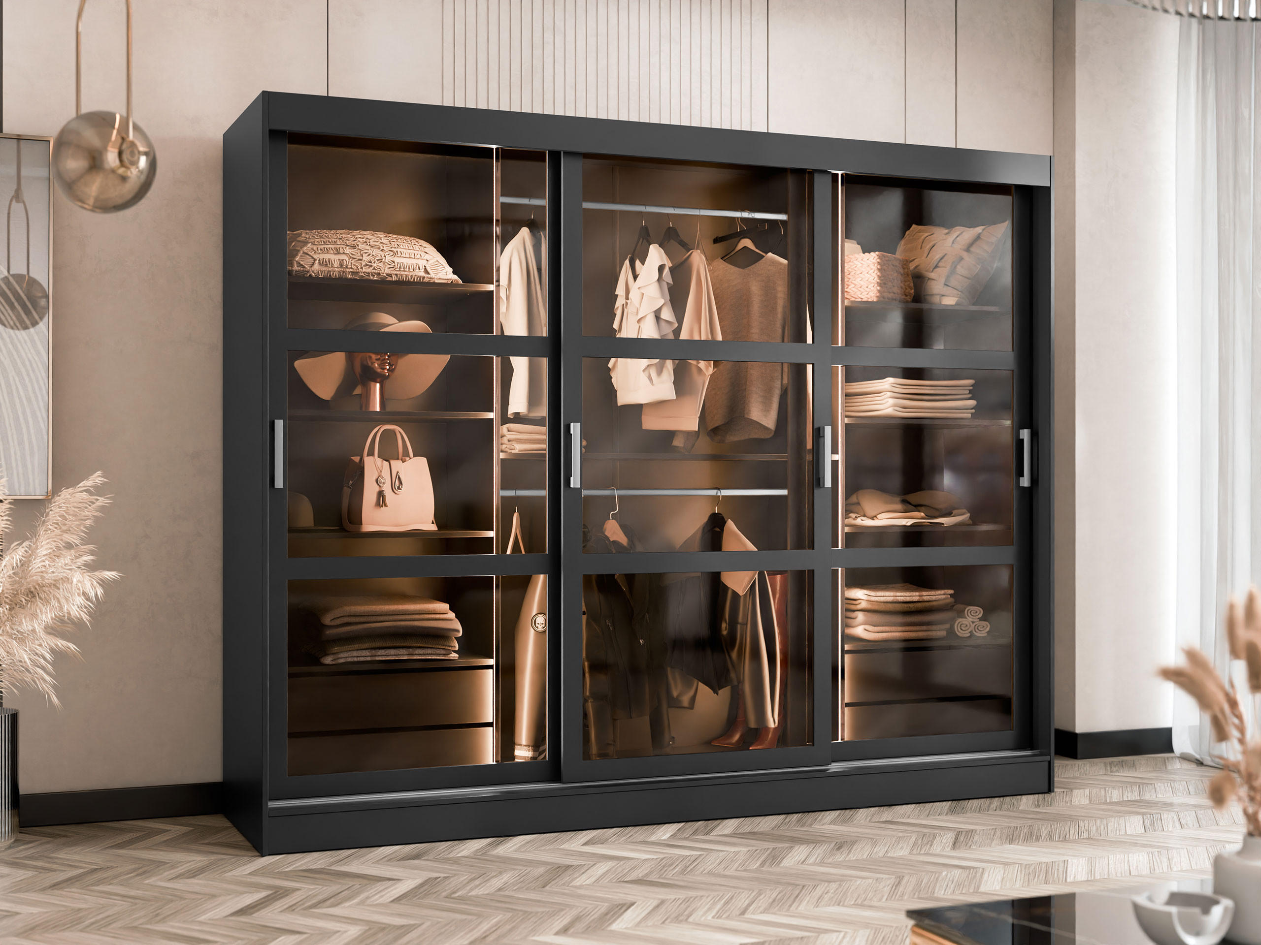 KLEIDERSCHRANK Norlio 250 mit LED Beleuchtung - Silberfarben/Schwarz, Holzwerkstoff/Kunststoff (250/203/65cm) - MIRJAN24