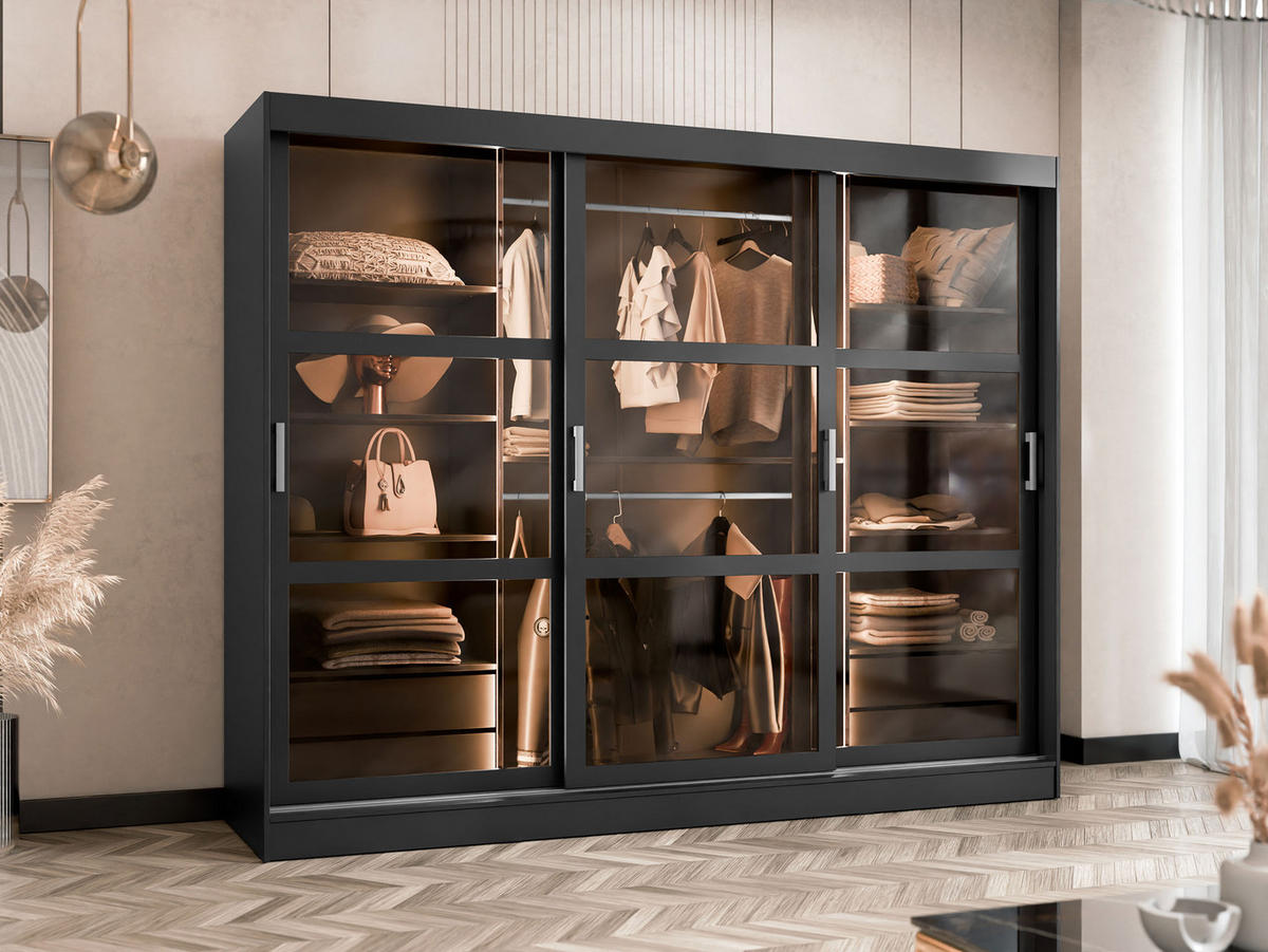 KLEIDERSCHRANK Norlio 250 mit LED Beleuchtung - Silberfarben/Schwarz, Holzwerkstoff/Kunststoff (250/203/65cm) - MIRJAN24
