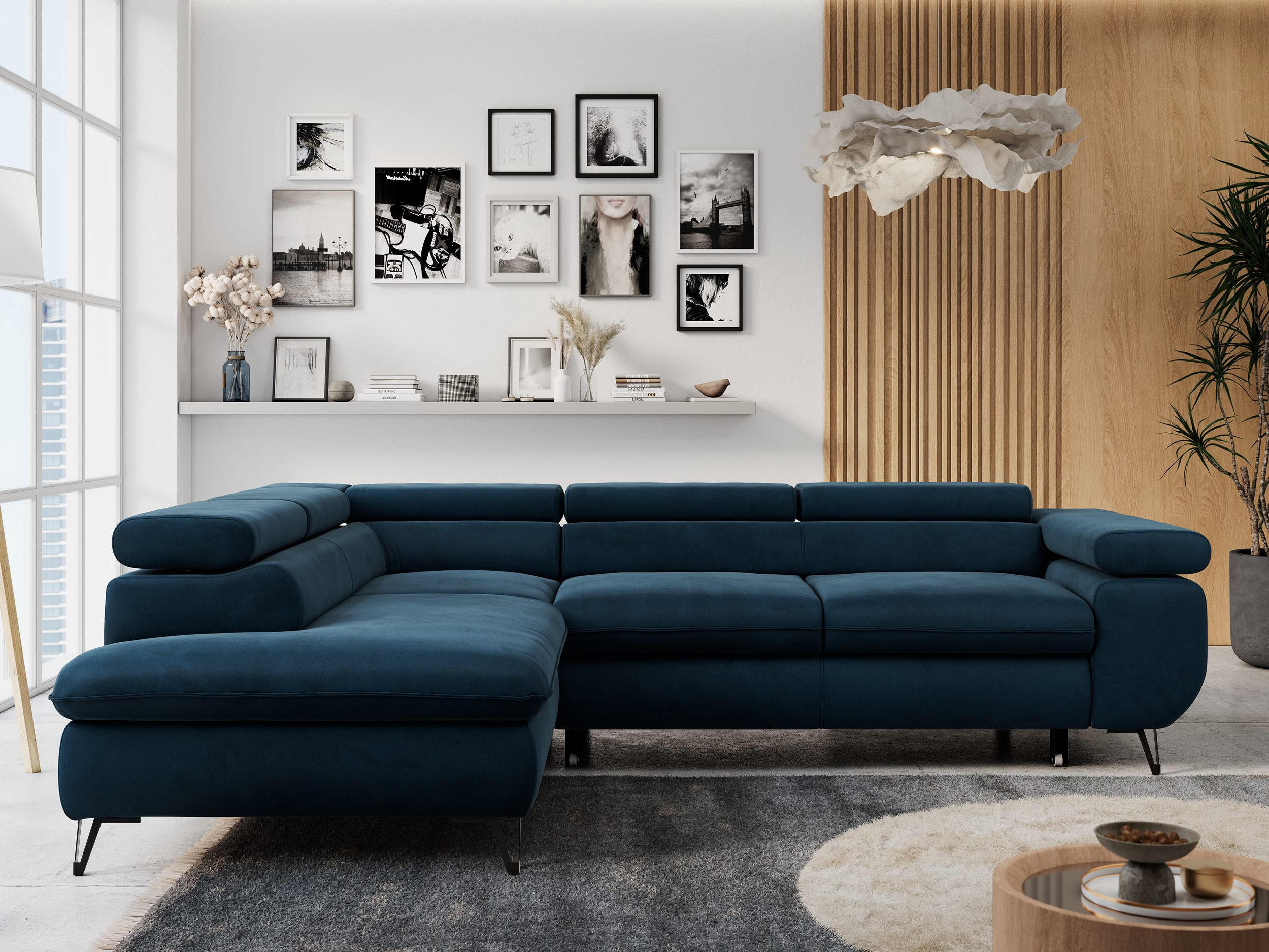 ECKSOFA PETER L Dunkelblau Velvet - Links Seite - Schwarz/Dunkelblau, Textil/Metall (208/273cm) - MKS