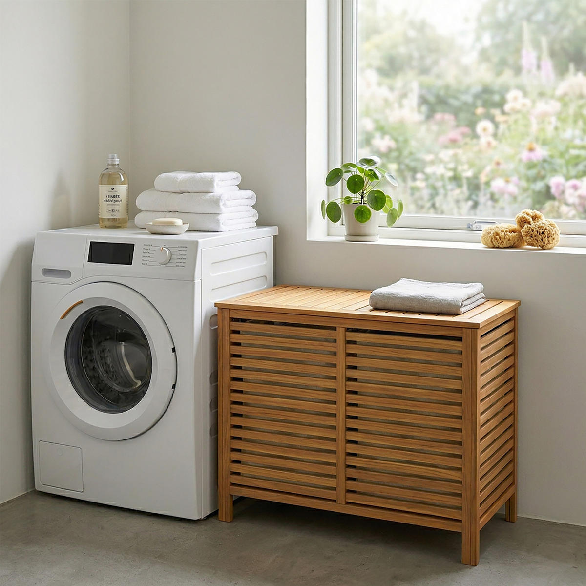 WÄSCHESAMMLER Natur Walnussholz 2 Fächer 150 L - Hellbraun, Holz/Textil (89/67.5/46.5cm) - Relaxdays