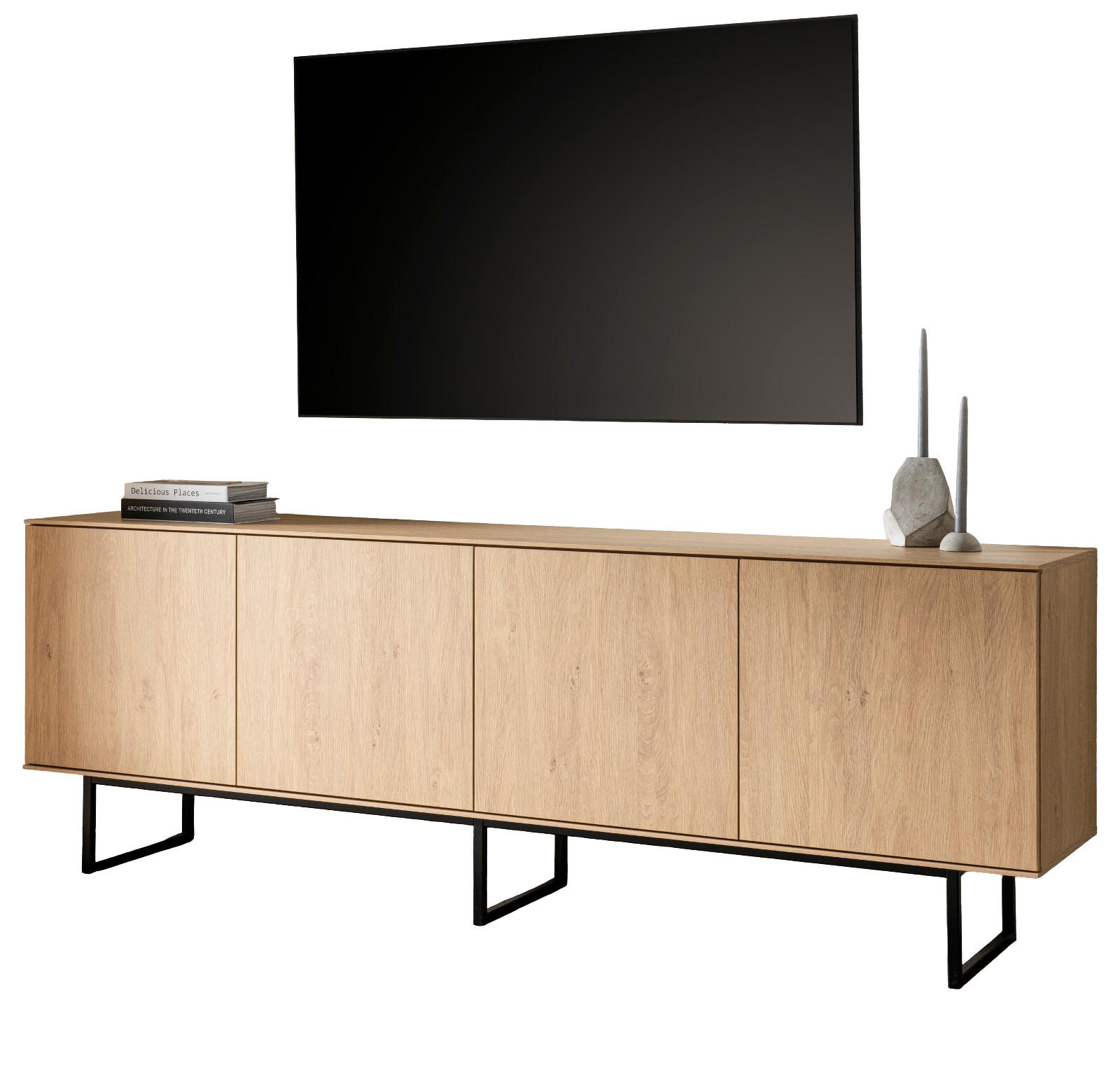 TV-LOWBOARD Stone Eiche 200 x 70 cm, TV-Unterteil mit Push-to-Open und Komforthöhe - Eichefarben/Schwarz, Holzwerkstoff/Metall (200/70/40cm) - Furn.Design
