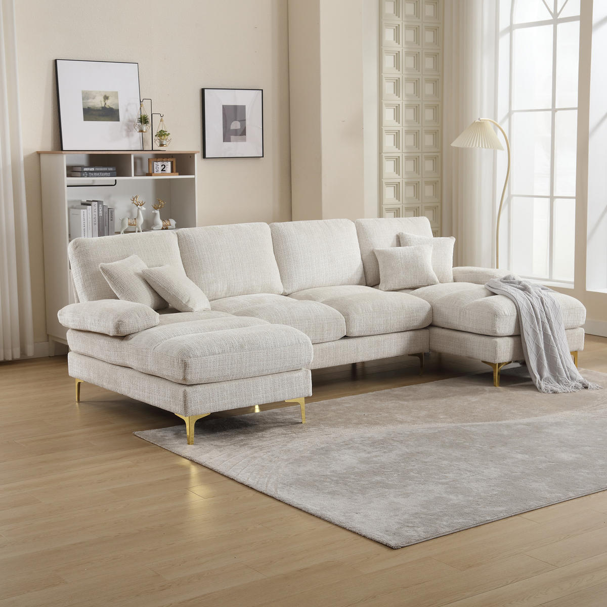 WOHNLANDSCHAFT Chenille Beige mit Kissen - Beige, Holzwerkstoff/Textil (272/88/136cm) - WISHDOR