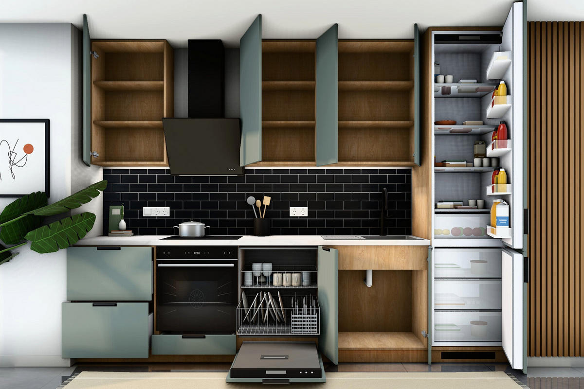 KÜCHENZEILE Sorento Grün & Sonoma Eiche – 320 cm – KÜ-SORENTO3-001 - Grün, Holzwerkstoff (320/247/58cm) - ROYAL24_MARKT