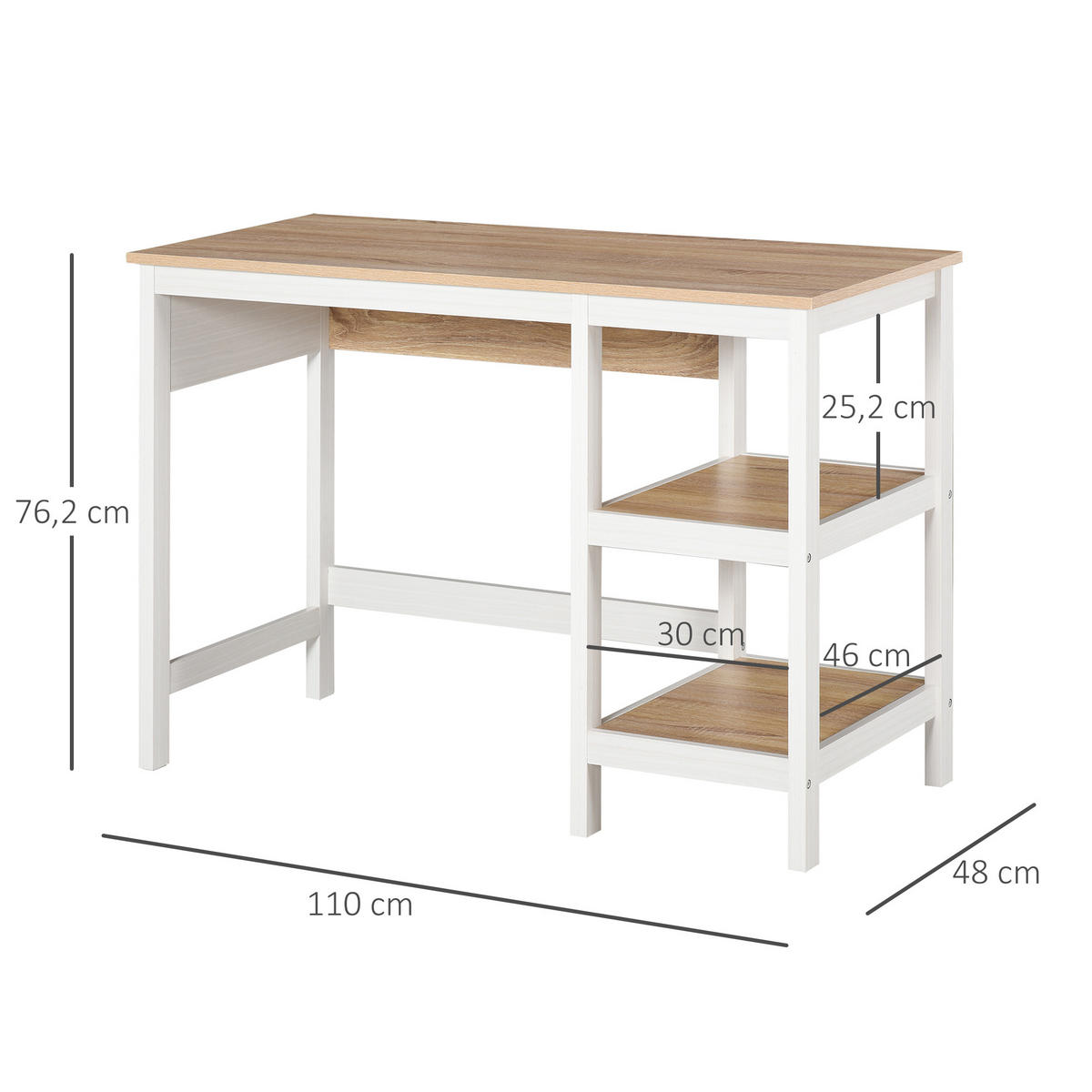 SCHREIBTISCH Eiche-Optik und Weiß mit 2 Regalfächern 110/48/76 cm - Beige, Holz (48/110/76cm) - PANGIVO
