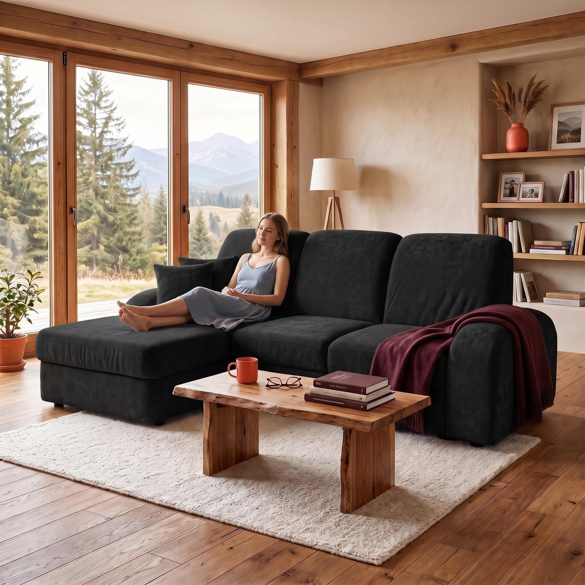 ECKSOFA VIBE S Links mit Schlaffunktion 130x202 Chenille Anthrazit - Anthrazit/Schwarz, Holz/Kunststoff (250/160cm) - Muffo