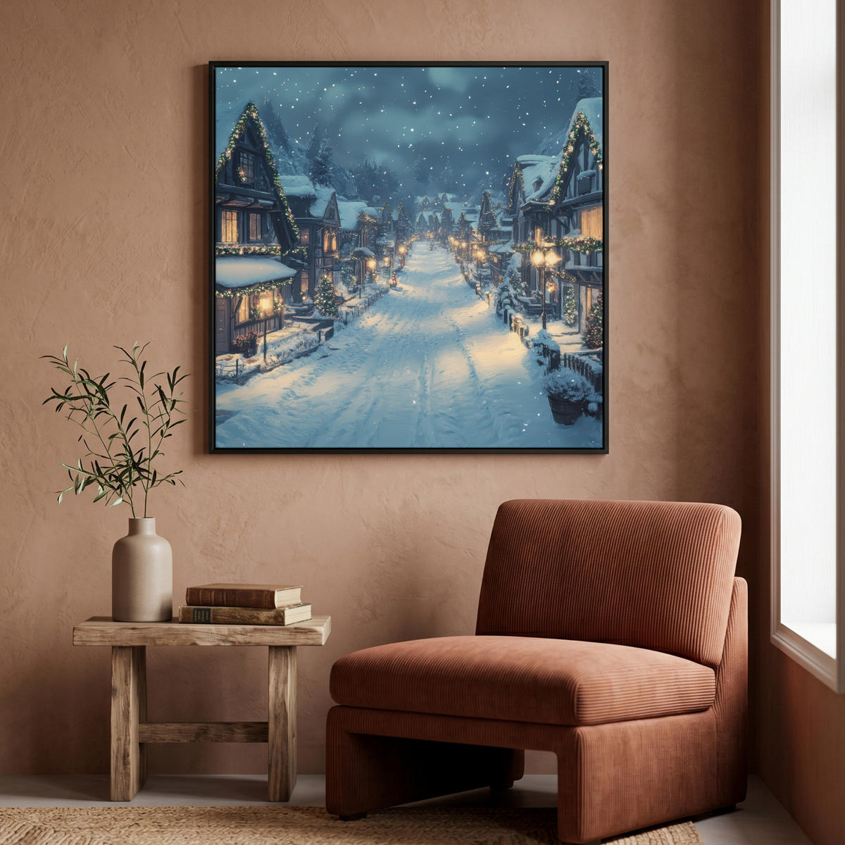 LEINWAND Bilder mit Rahmen - Weihnachtsdorf - Weihnachten - Schnee - Winter - 90x90 - Dunkelblau, Textil (90/90cm) - MuchoWow