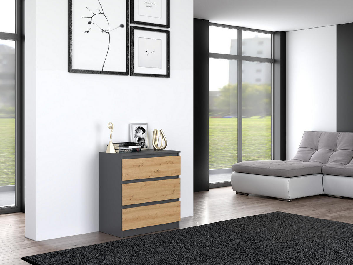 KOMMODE 3 SCHUBLADEN M3 - ANTHRAZIT / EICHE ARTISAN - Anthrazit/Eiche Artisan, Holzwerkstoff (70/75/40cm) - CDF