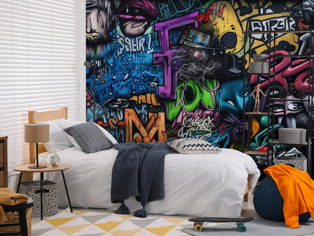 FOTOTAPETE für Jugendzimmer Bunte Graffiti Figura Schrift Abstrakt 200x140 - Blau/Pink, Papier (200/140cm) - Muralo