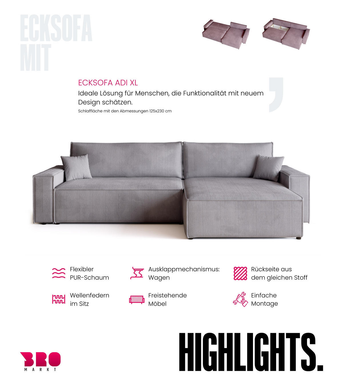 ECKSOFA ADI XL mit Schlaffunktion Hellgrau Cord - Hellgrau, Textil (272/143cm) - Bromarkt