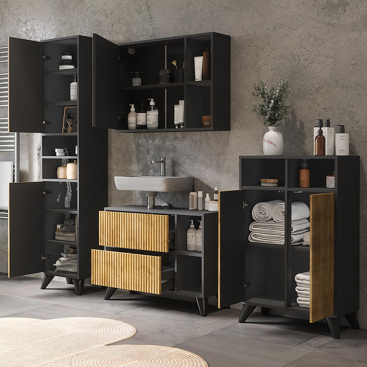 BADMÖBEL-SET Leano Anthrazit/Bergeiche 80 cm, Set 4 - Eichefarben/Anthrazit, Holzwerkstoff (80/62/30cm) - Vicco