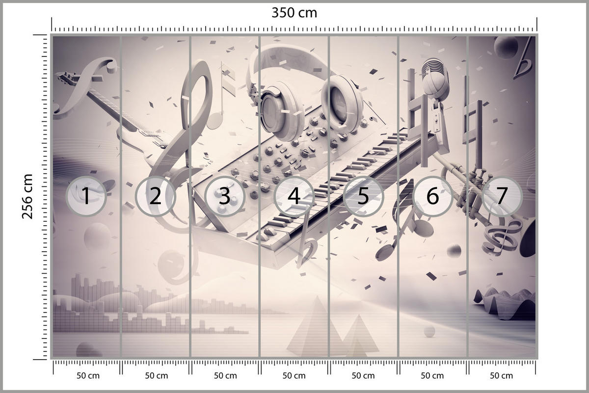 FOTOTAPETE für Jugendzimmer Modern Kollage Musik Klavier Noten Kopfhörer 350x256 - Grau, Papier (350/256cm) - Muralo