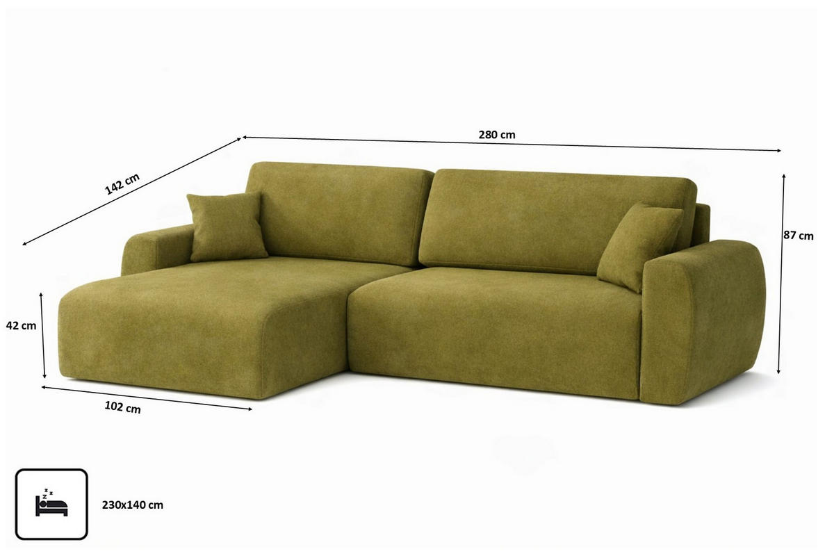 ECKSOFA Mit Schlaffunktion, Ariel XL, Velours, Stoff Salvador, Olive, Links - Olivgrün, Holz (280/142cm) - Kaiser Möbel