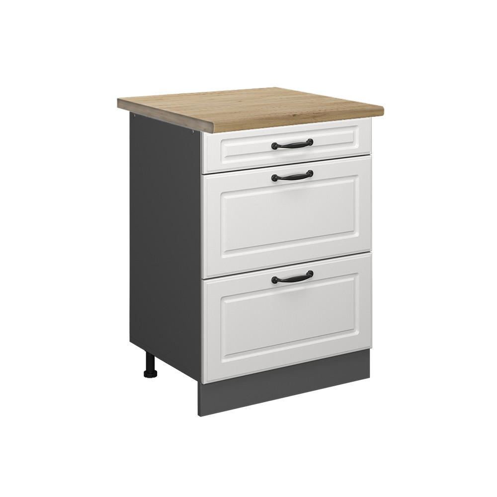 KÜCHENUNTERSCHRANK R-Line Weiß Landhaus 60 cm mit Schubladen, AP Eiche - Anthrazit/Creme, Holzwerkstoff (60/81.6/60cm) - Vicco