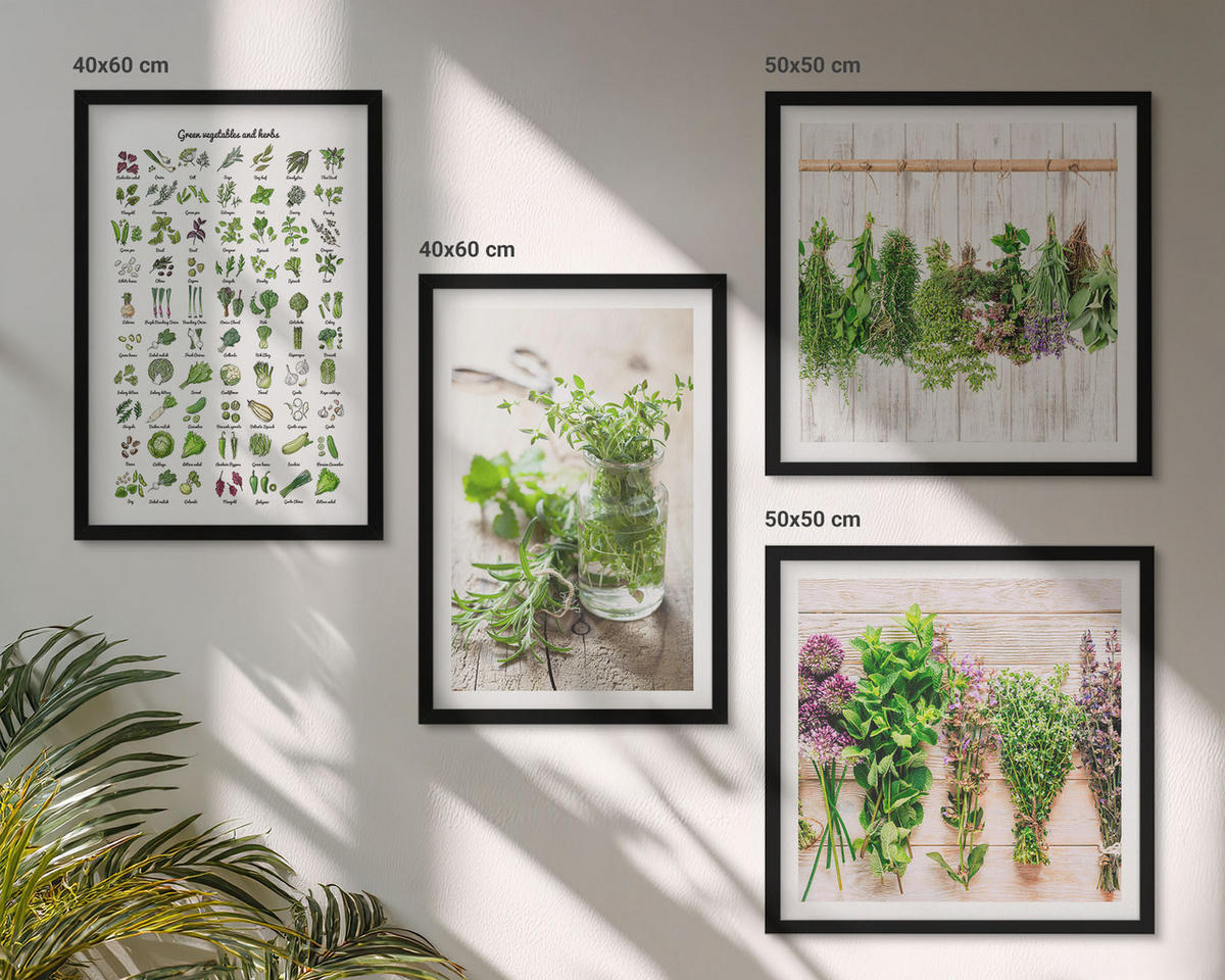 WANDBILDER 4er-Set - 50x50 cm & 40x60 cm Schwarzer Rahmen - Getrocknete Kräuter für die Küche - Schwarz, Kunststoff (50/50cm) - ArtPrintCave