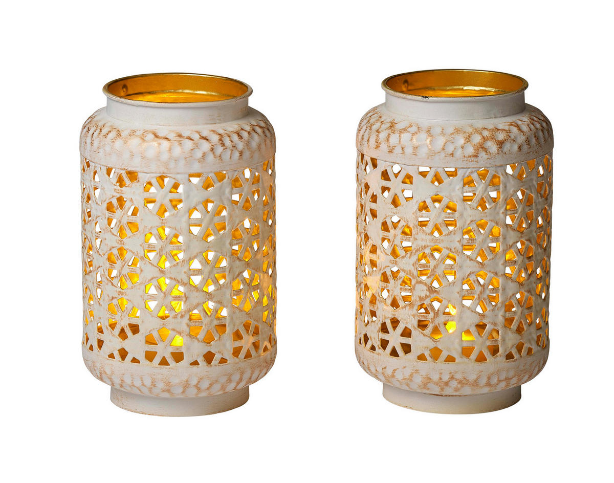 WINDLICHT Orientalisch - stilvolles Design mit faszinierendem Schattenspiel für gemütliche Atmosphäre, 2er-Set - Weiß, Metall (9/15/9cm) - Northpoint