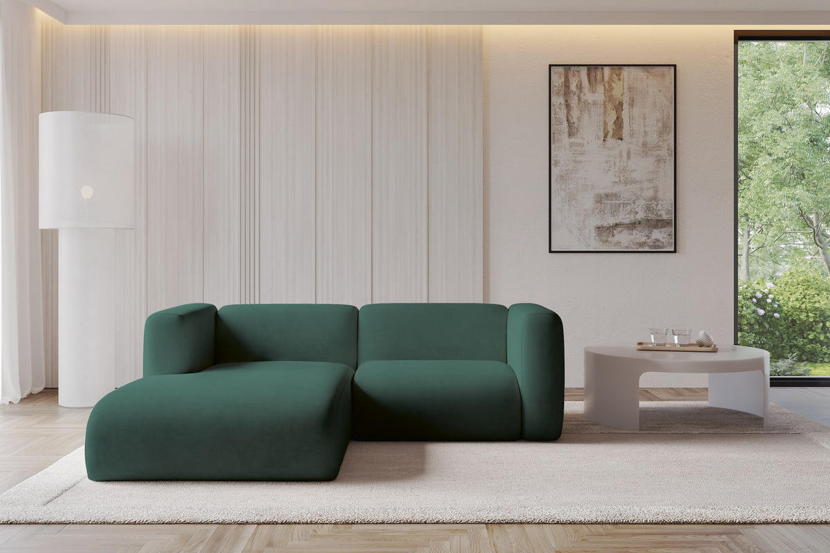 ECKSOFA Ottomane Links MIRA-L1 227x179x89 Grün Velours - Dunkelgrün/Schwarz, Holzwerkstoff/Kunststoff (227/179cm) - ALTDECOR