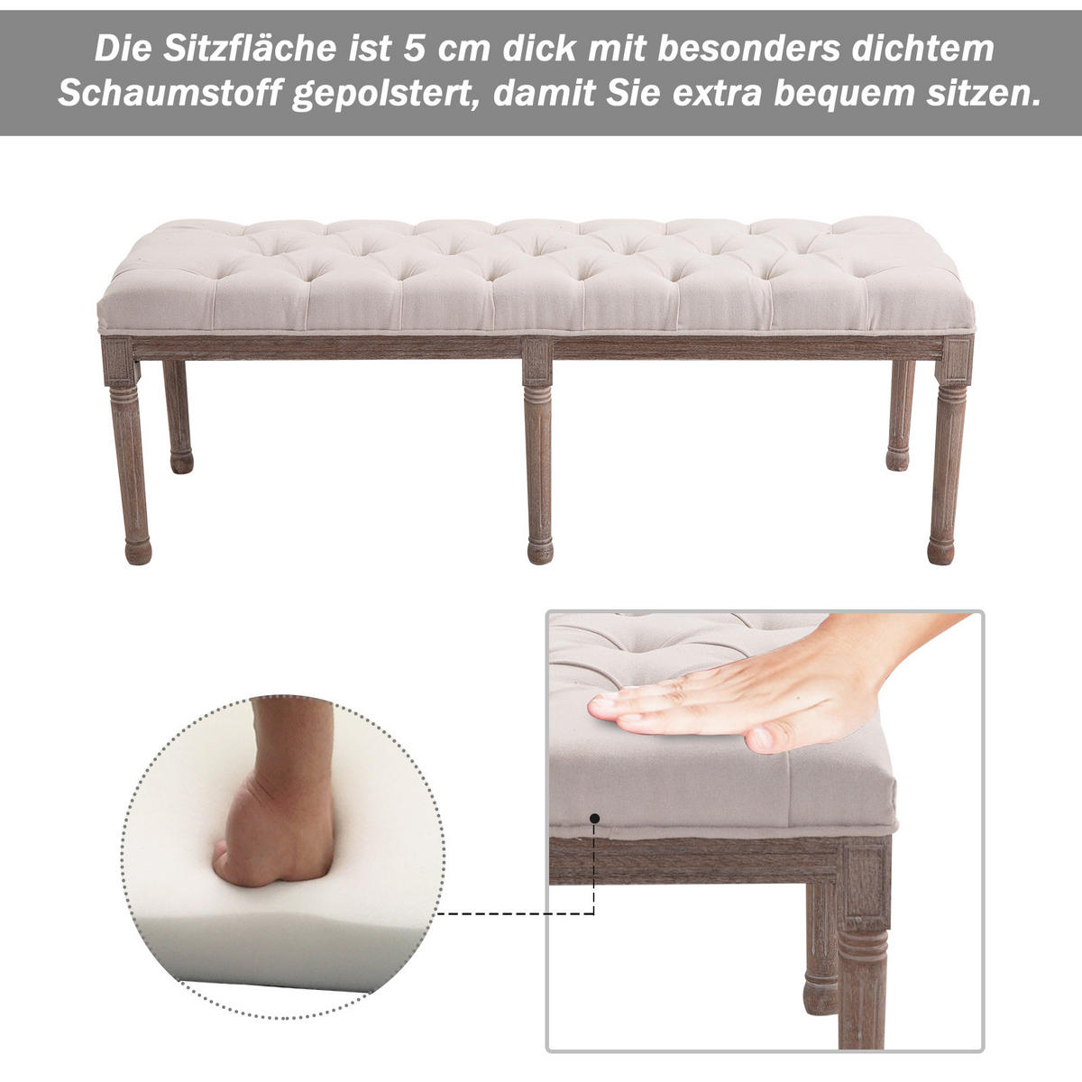 SITZBANK Polsterbank Sitzhocker Vintage Retro Leinen Sitz Couch Sofa - Beige, Kunststoff (47/51/142cm) - HOMCOM