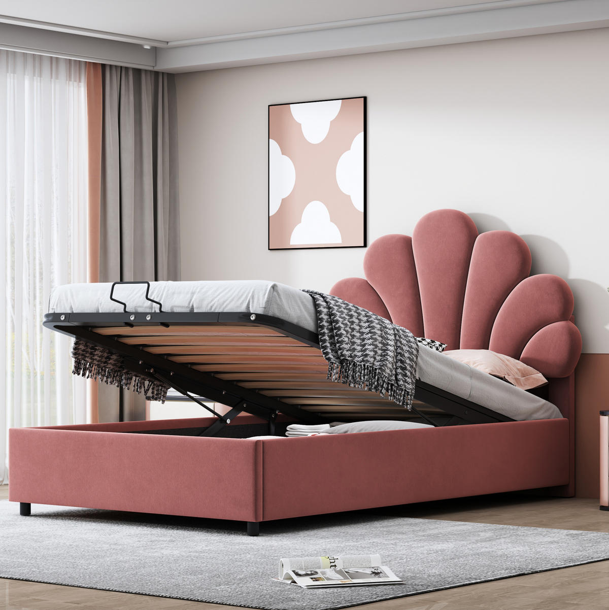 KINDERBETT 90/200 cm in Rosa aus Samt mit Stauraum und floralem Kopfteil - Rosa, Textil (90/200cm) - Flora Grace