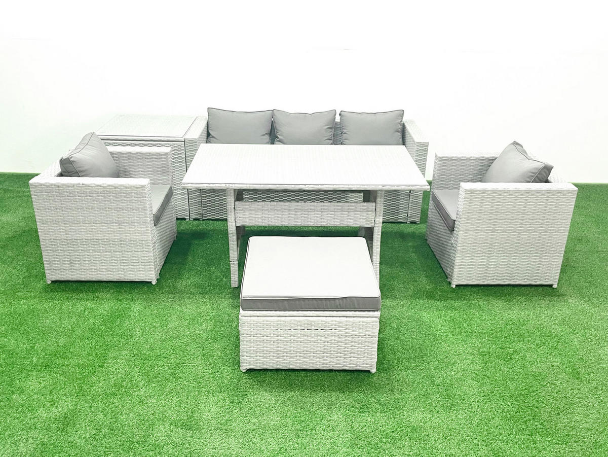 GARTENMÖBEL SET mit Sofa,Beistelltisch Polyrattan Hellgrau 6-Sitzer - Hellgrau/Grau, Glas/Kunststoff - Fimous