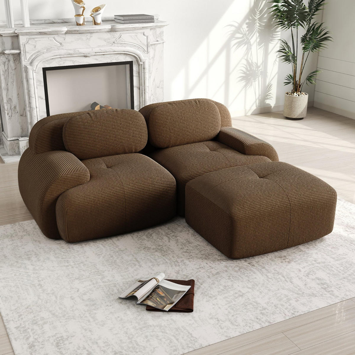 ECKSOFA aus weichem Kordelstoff, modular kombiniert mit gebogenen Armlehnen, Braun - Braun, Textil (208/70/178cm) - Kaket