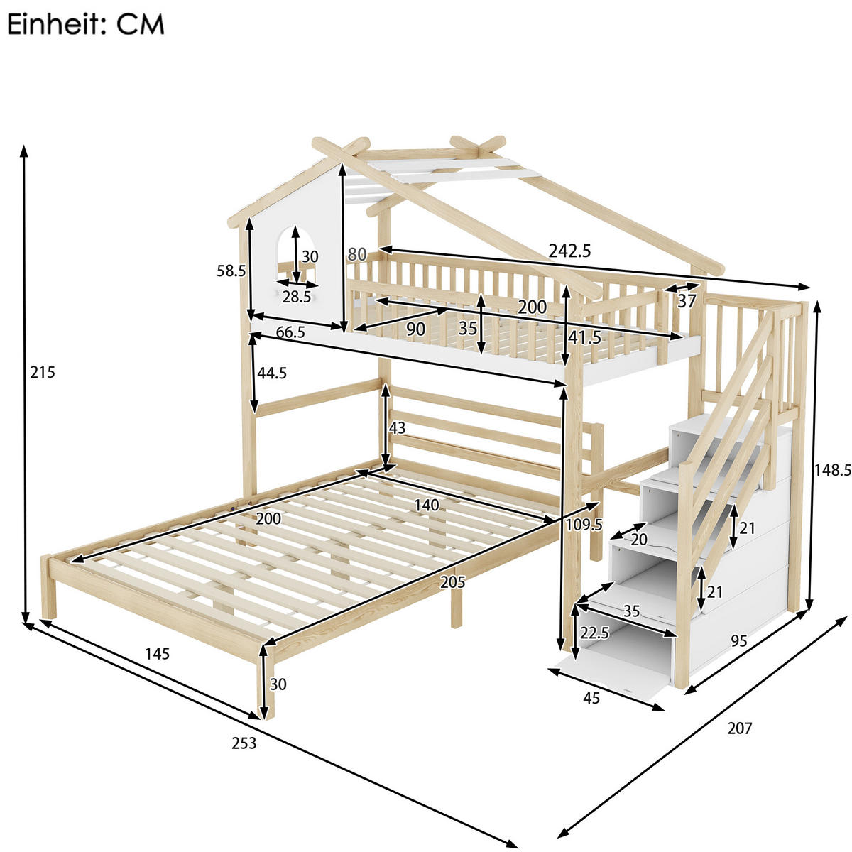 HOCHBETT 90/200 cm mit Stauraumleiter und Fenster in Weiß und Natur - Weiß, Holz (140/200cm) - OKWISH