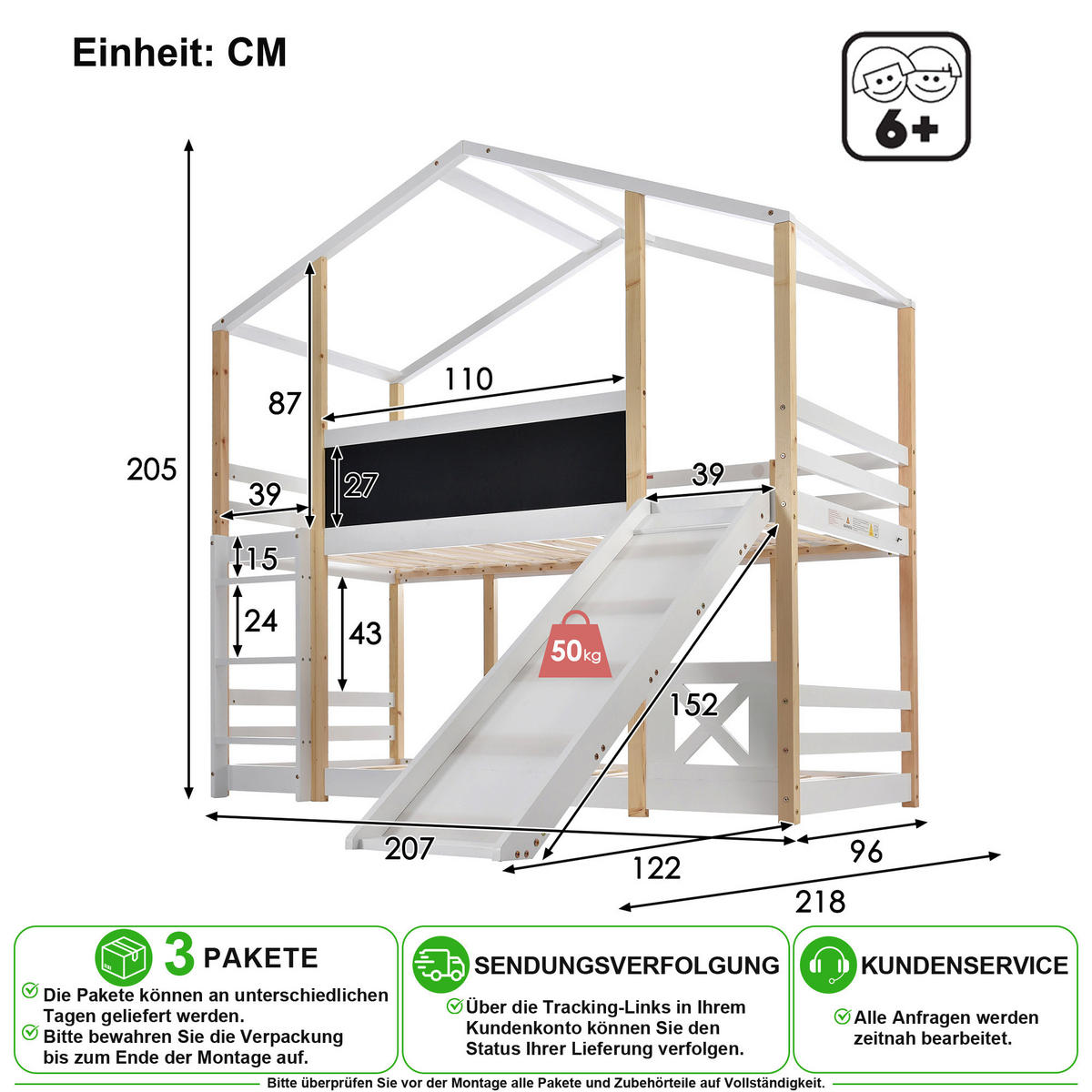 HOCHBETT 90/200 cm in Weiß mit Rutsche, Leiter und Tafel - Naturfarben/Weiß, Holz/Holzwerkstoff (90/200cm) - CHICFURN