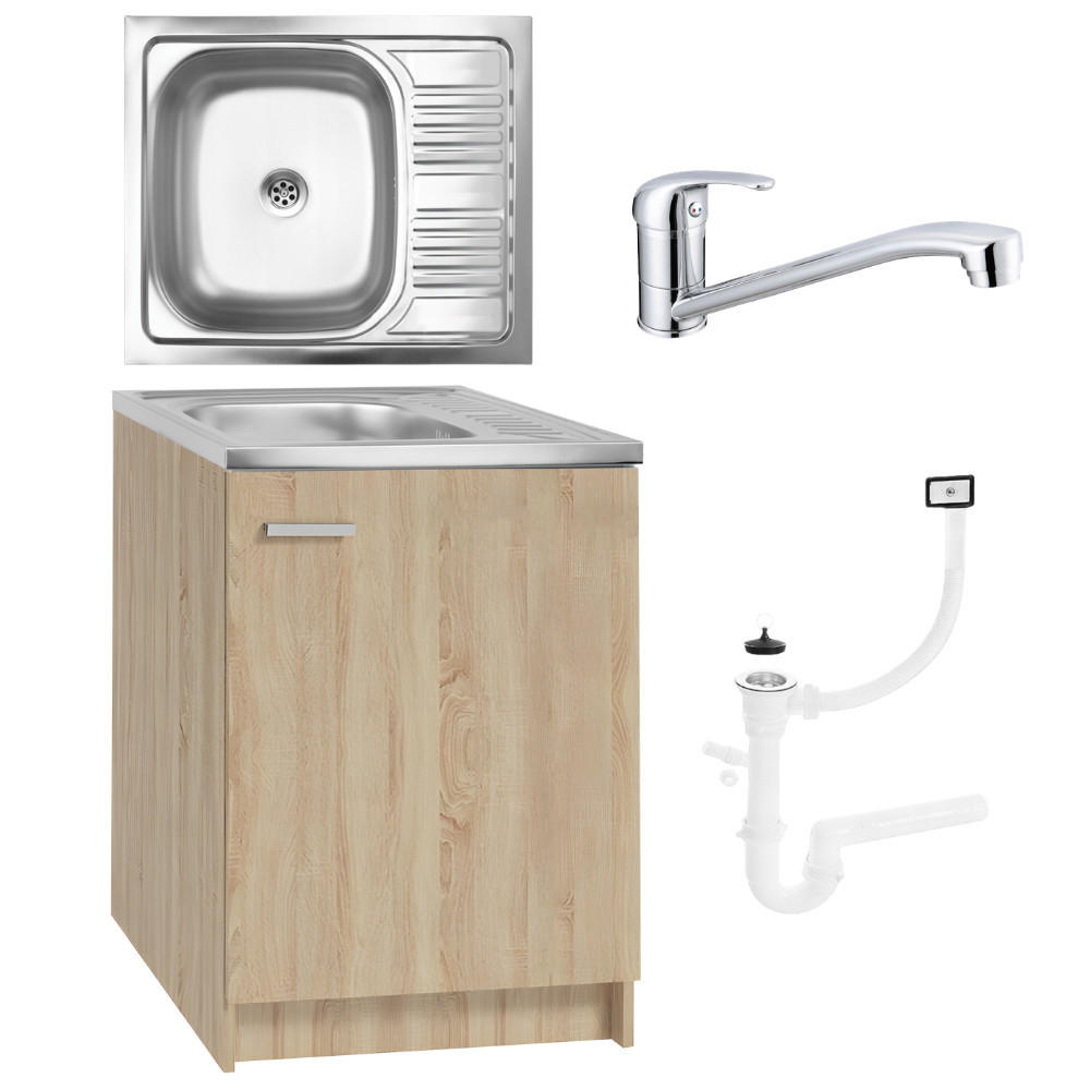 SPÜLUNTERSCHRANK 60cm mit Spüle + Armatur Sonoma-Eiche - Sonoma Eiche, Holzwerkstoff (60/82/50cm) - Stamar