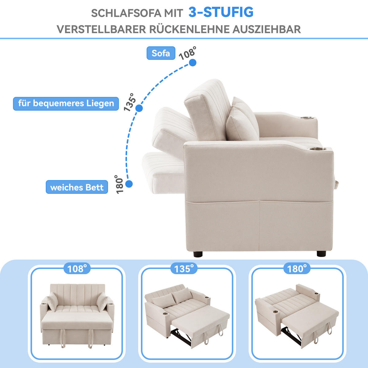 SCHLAFSOFA Baumwollstoff mit 3-fach verstellbarer Rückenlehne Beige 136/162/84 cm - Beige, Textil (84/136/162cm) - Redom