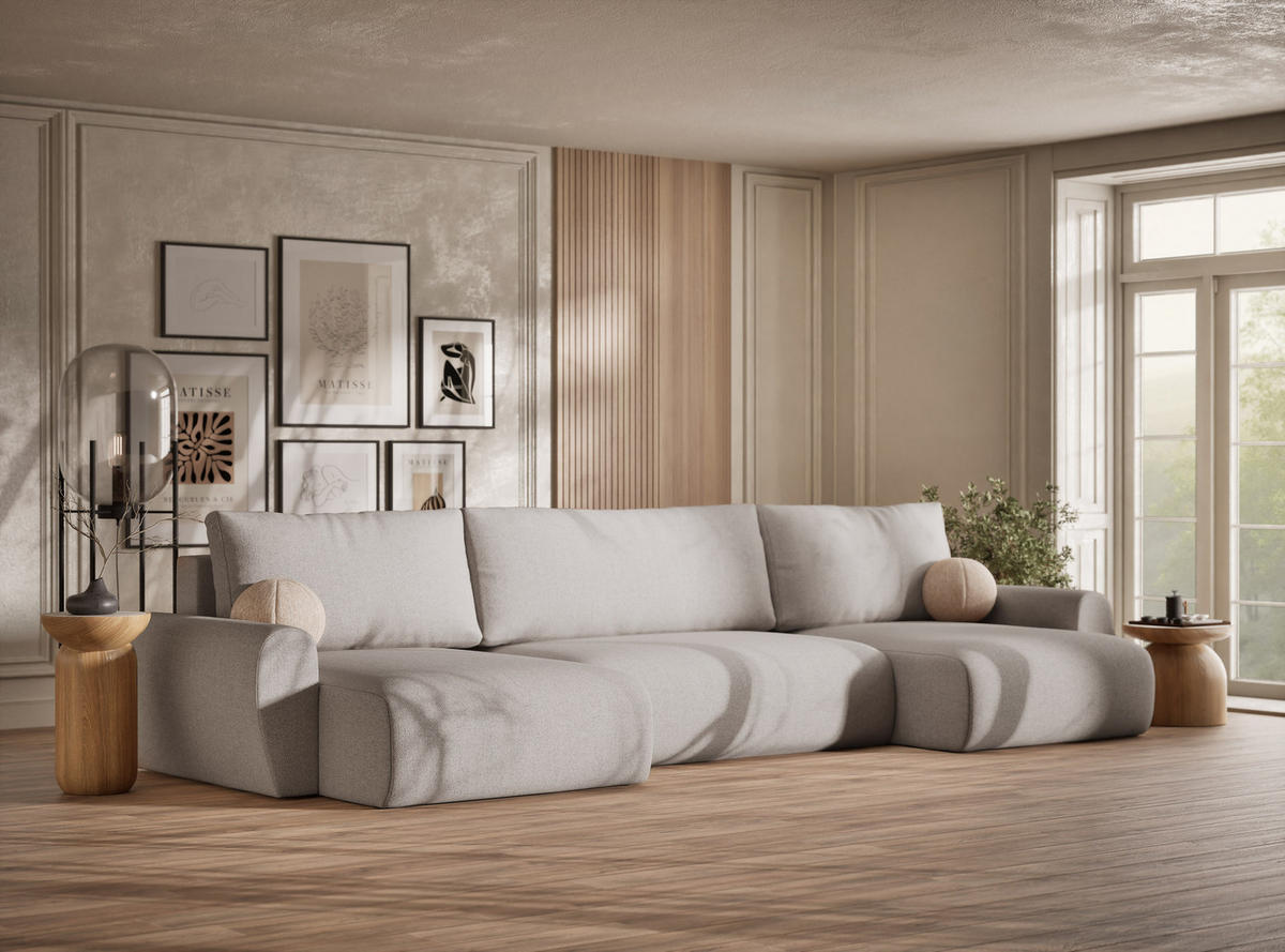 WOHNLANDSCHAFT MIT SCHLAFFUNKTION Numba Beige Webstoff - Schwarz/Grau, Holz/Holzwerkstoff (397/70/153cm) - Maison de Reve