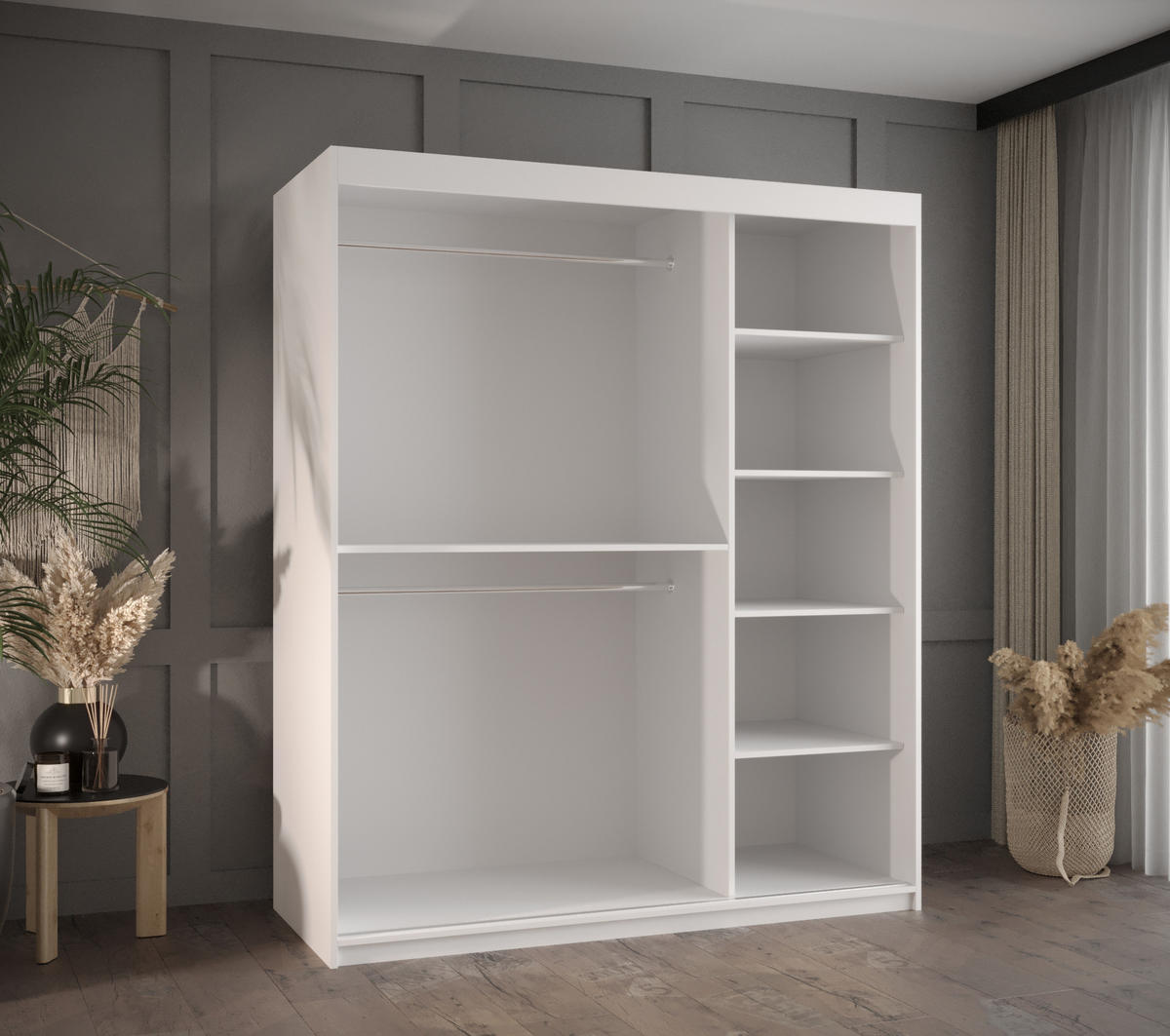 SCHWEBETÜRENSCHRANK 200/150/62 2-türig - Silberfarben/Weiß, Holz/Kunststoff (150/200/62cm) - MÖBEL KRYSPOL