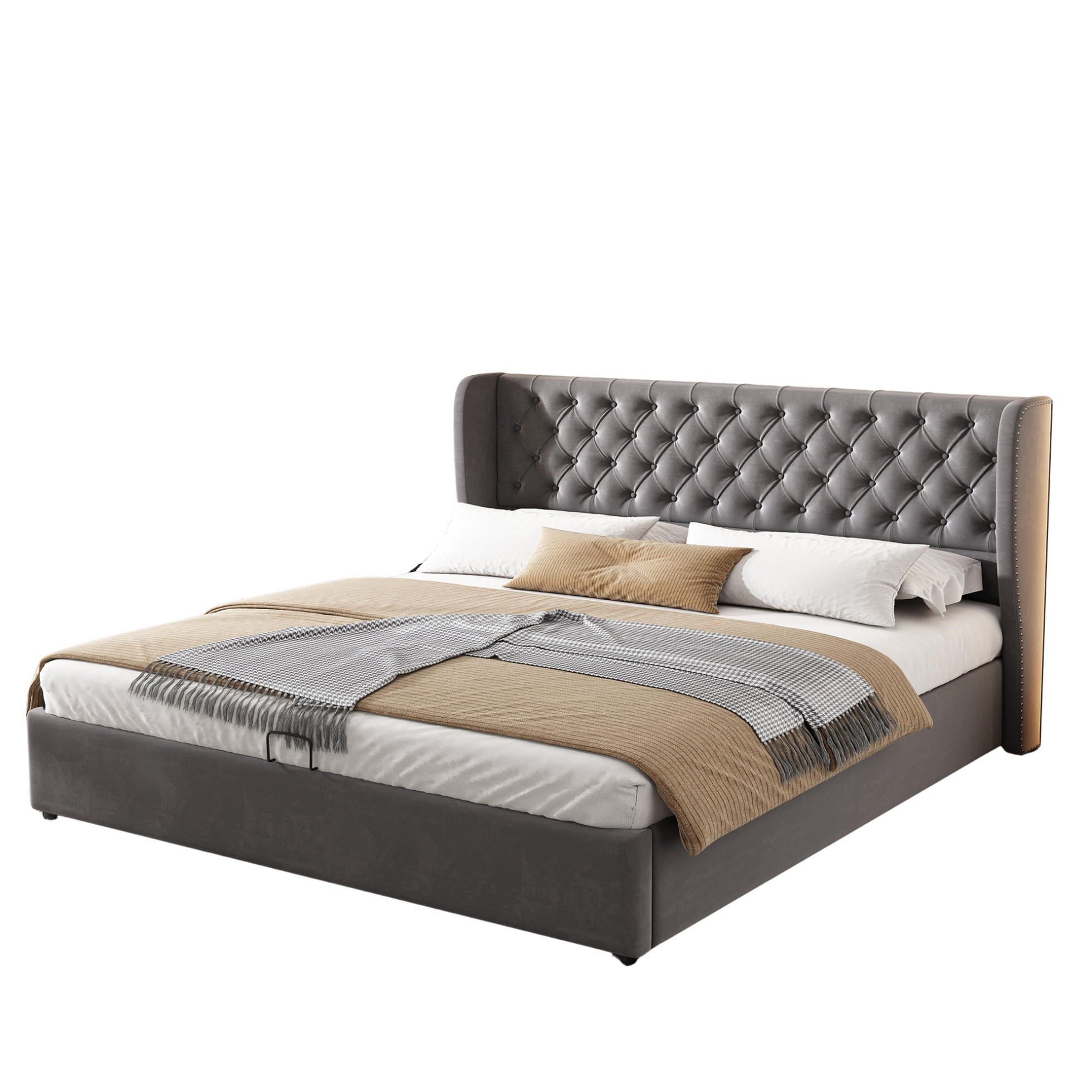 Modfu ČALOUNĚNÁ postel ze sametu 180x200 cm šedá s roštem a hydraulickým úložným prostorem v Chesterfield stylu