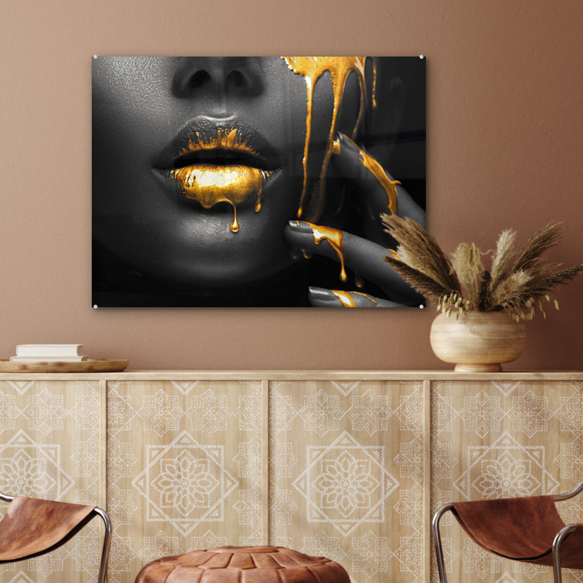 ACRYLGLASBILD Frau - Schwarz - Gold - Gesicht - Lippen 80x60 cm - Goldfarben, Glas (80/60cm) - MuchoWow