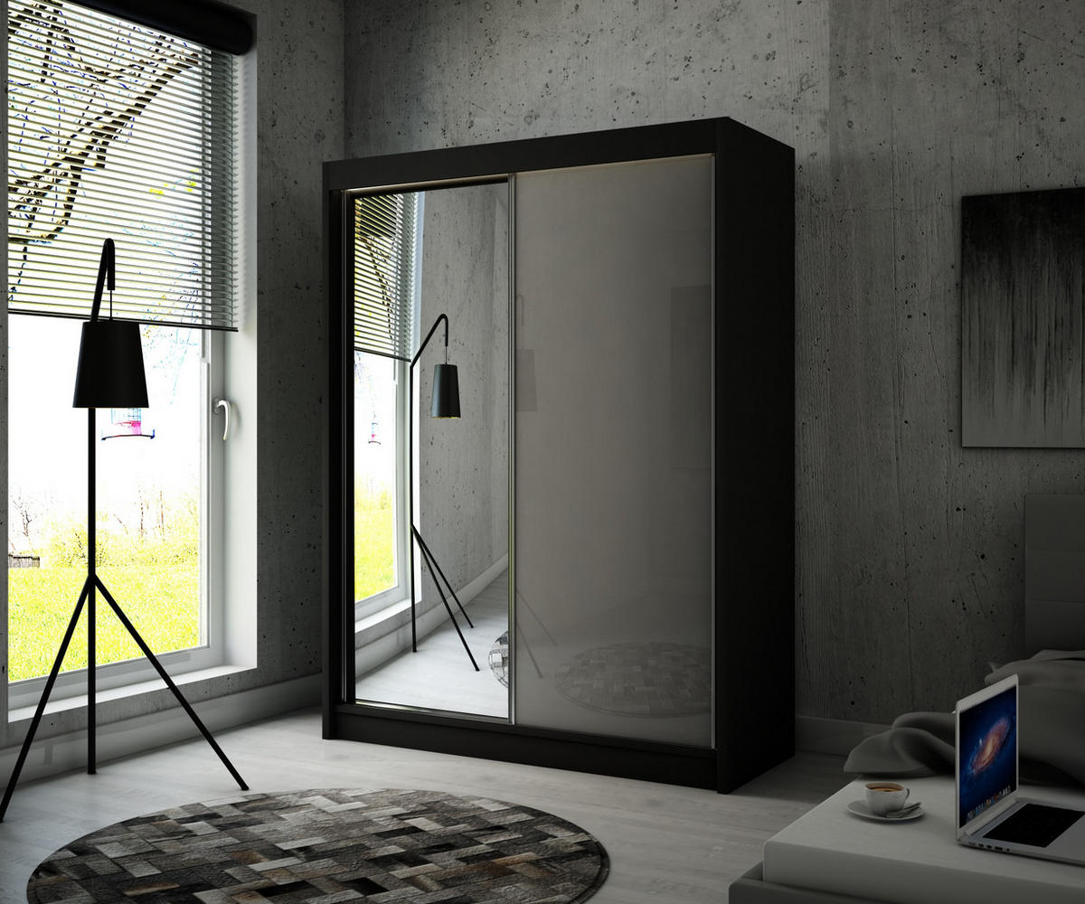 SCHIEBETÜRENSCHRANK ELIS - Schwarz/Grau, Holzwerkstoff (120/215/61cm) - Meblini