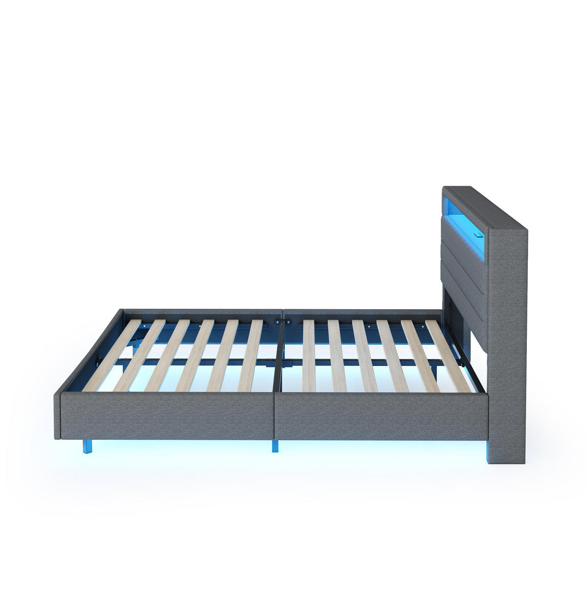 POLSTERBETT 160/200 cm mit LED-Beleuchtung, USB-Anschluss und gepolstertem Kopfteil - Grau, Textil (160/200cm) - BEAOK