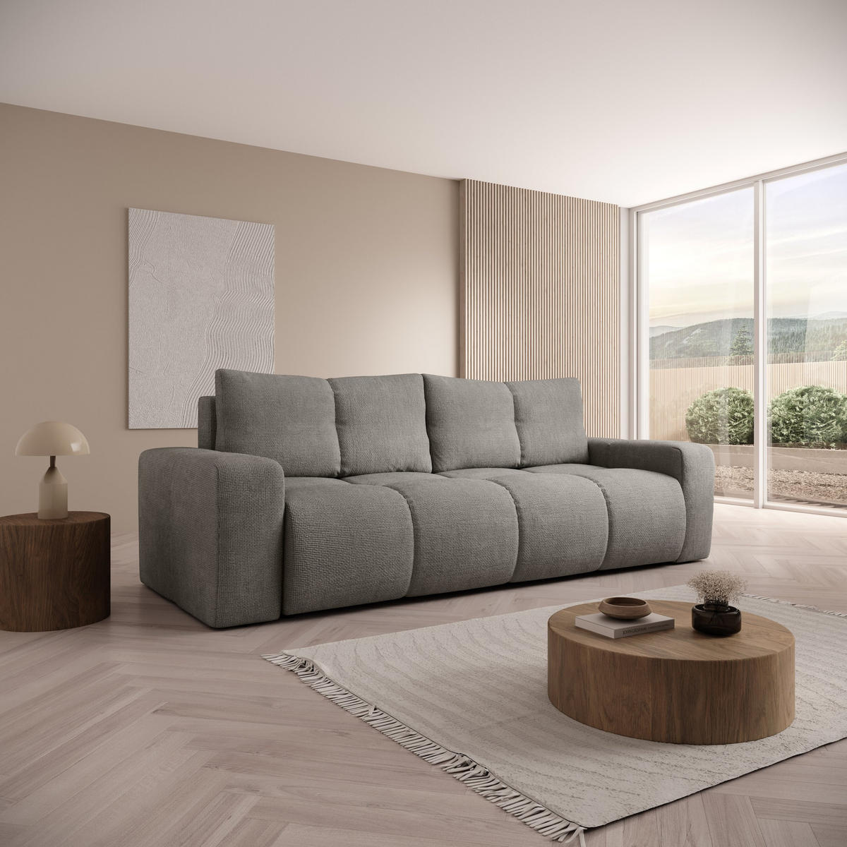 BETTSOFA DUCA Grau Jersey- Stoff mit Schlaffunktion - Grau, Holz (259/90/99cm) - MASSENO